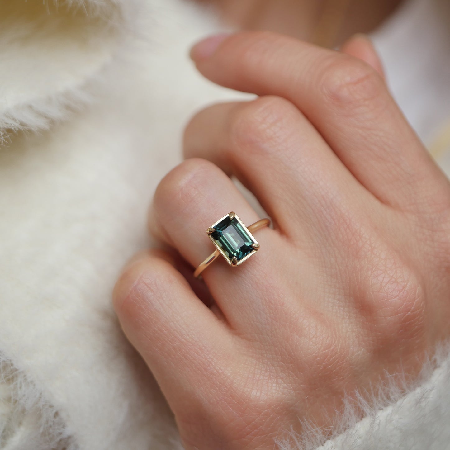 Emerald Cut Teal Sapphire Solitaire