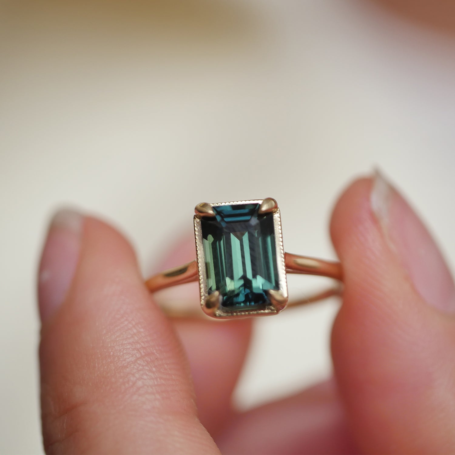 Emerald Cut Teal Sapphire Solitaire
