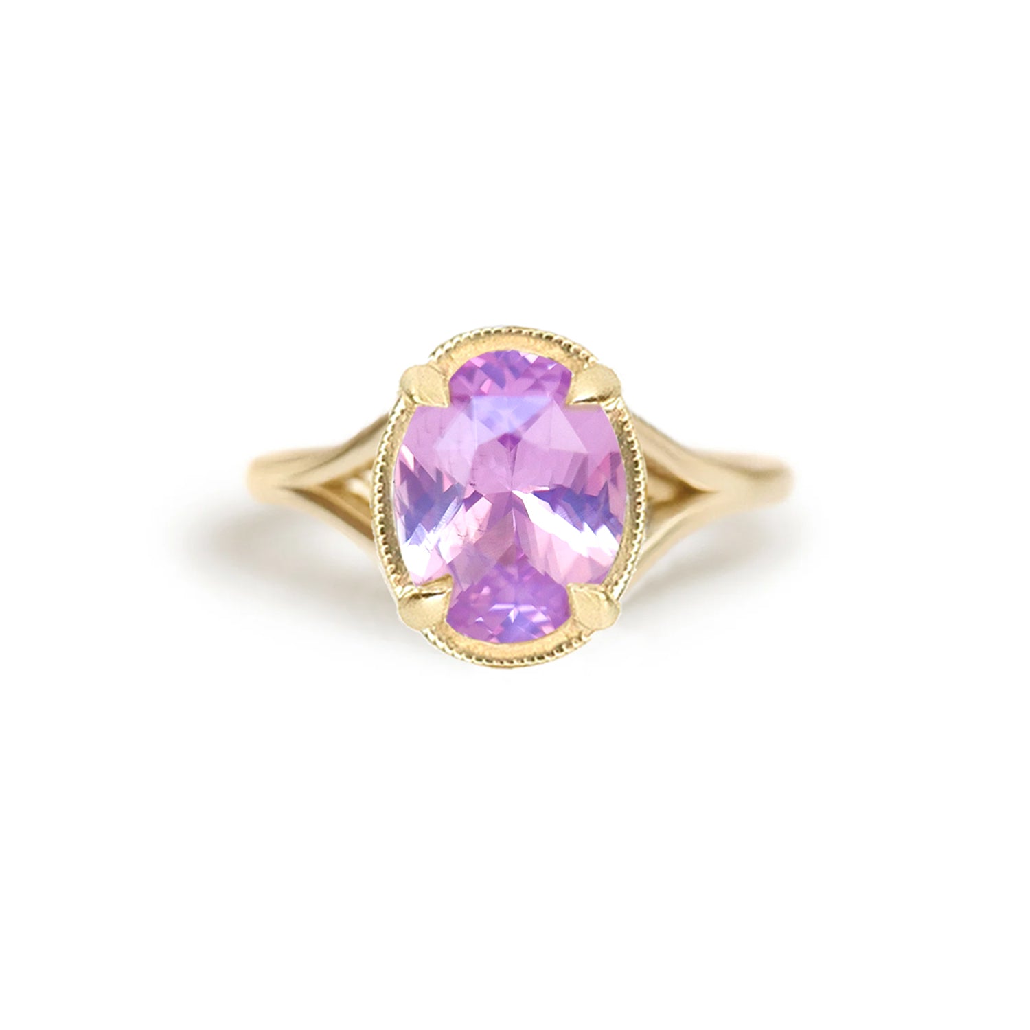 Oval Split Shank Opalescent Pink Sapphire Solitaire Ring