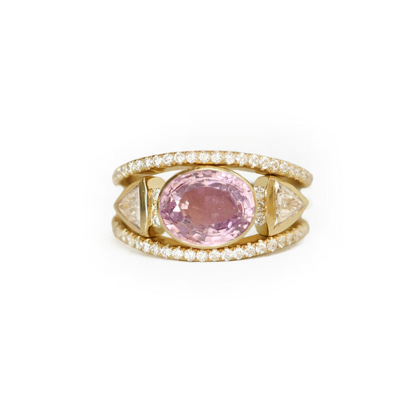 Oval Pink Sapphire & Trillion Diamond Stacking Ring Set