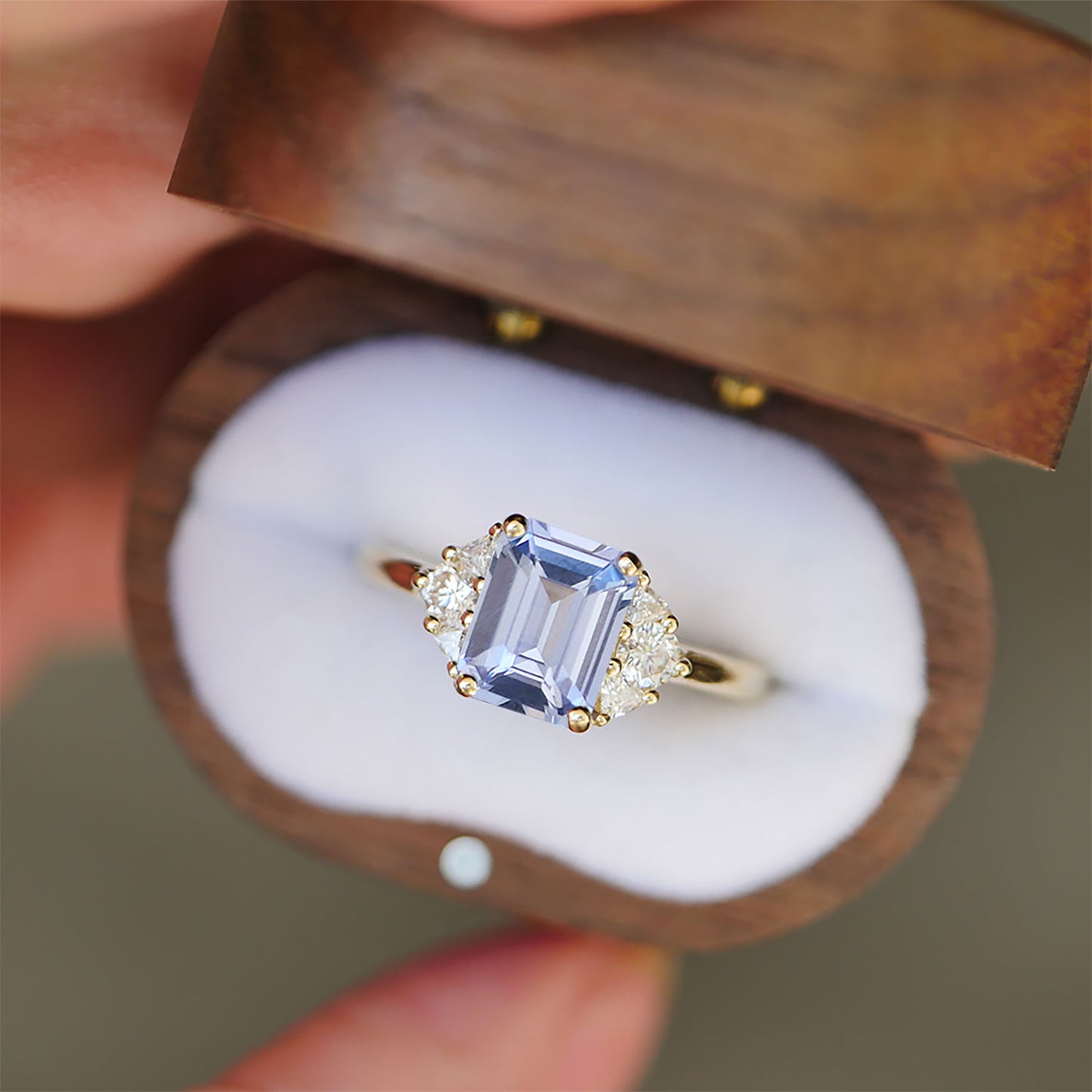 Light Blue Sapphire & Trillion Three Stone Engagement Ring