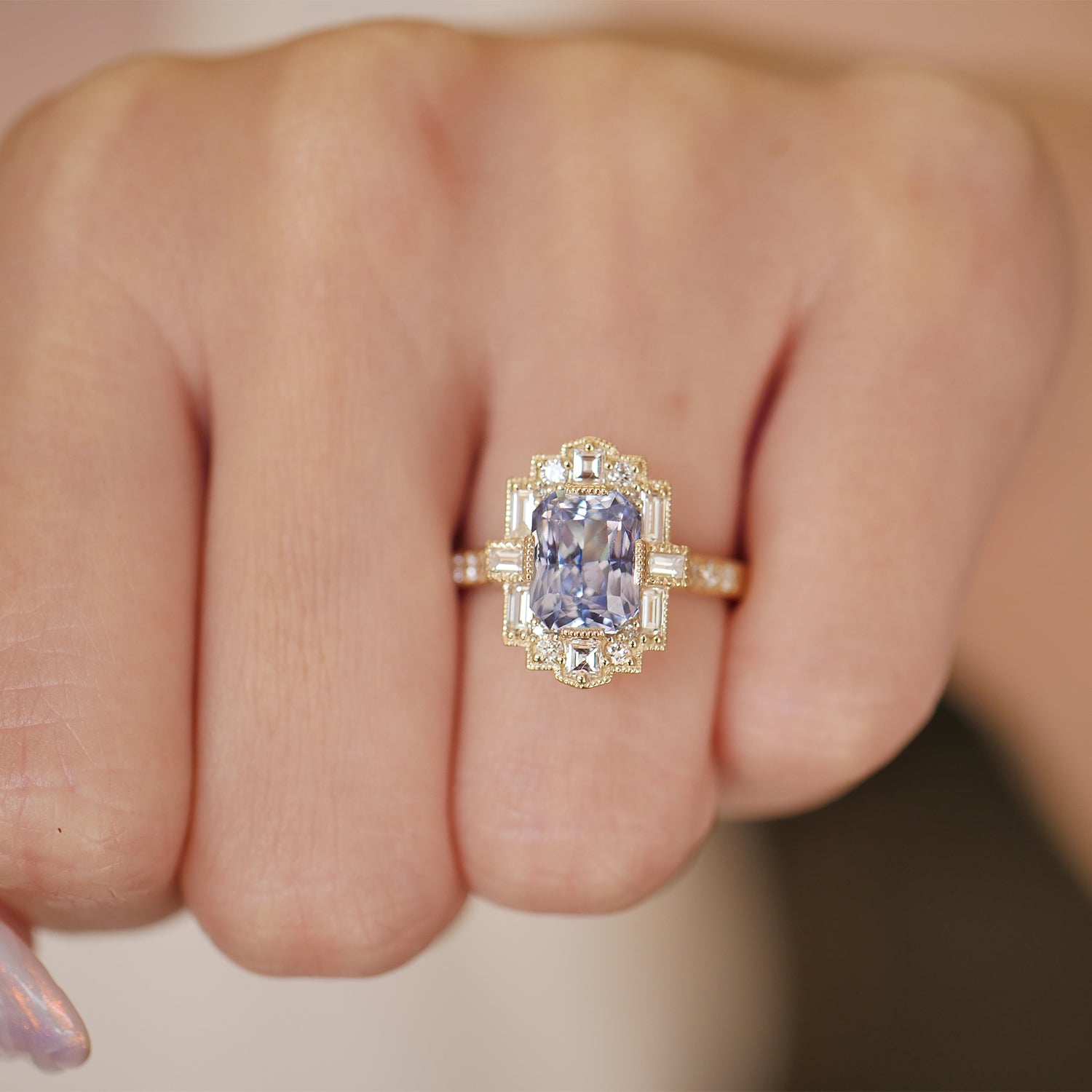 Light Blue Radiant Sapphire Deco Emerald Cut Diamond Mosaic Ring