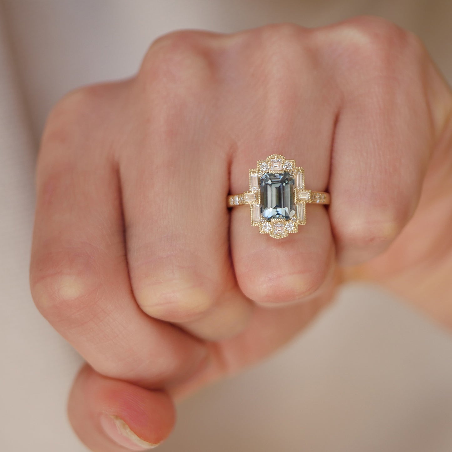 Teal Sapphire Deco Emerald Cut Diamond Mosaic Ring