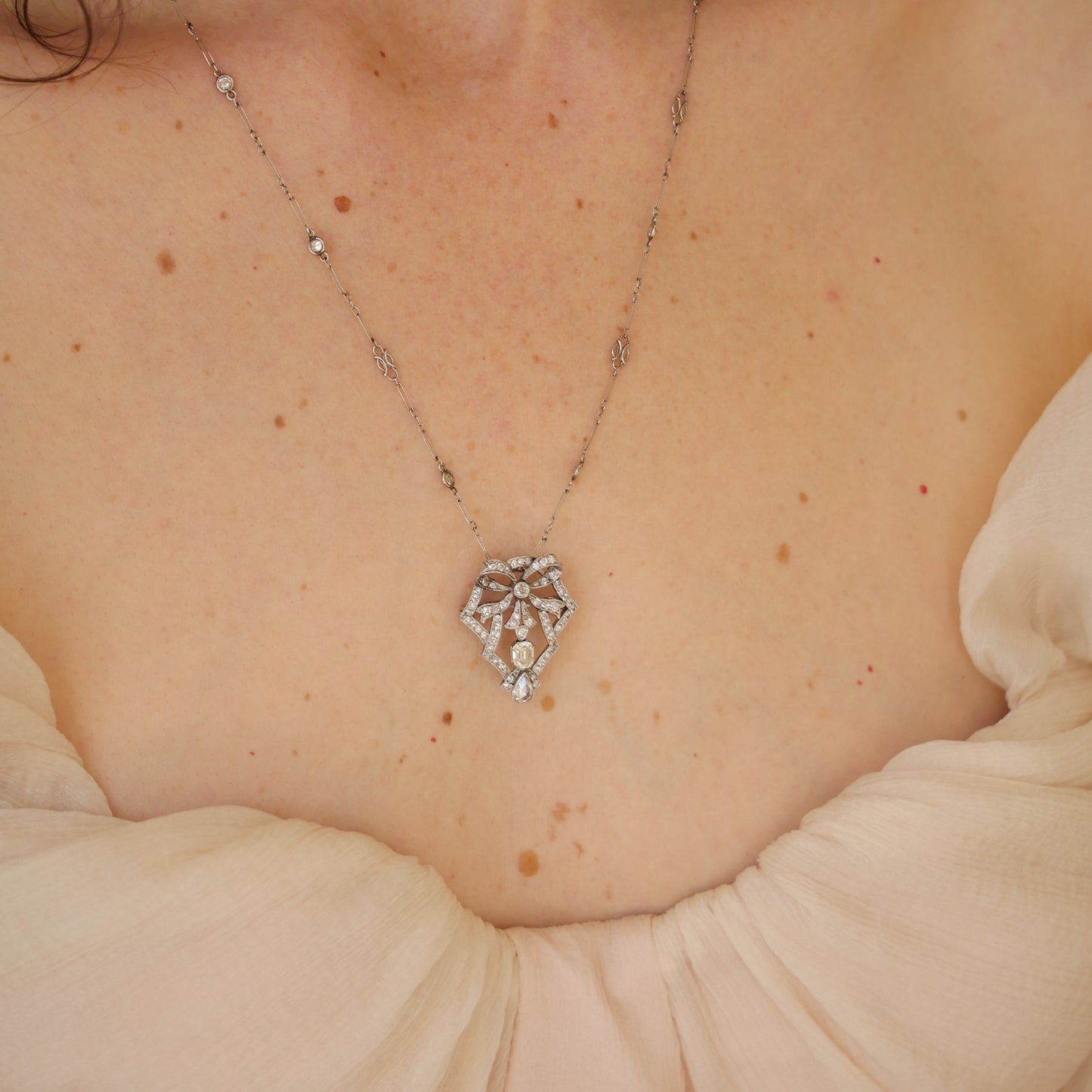 Antique Diamond Bow Pendant Necklace