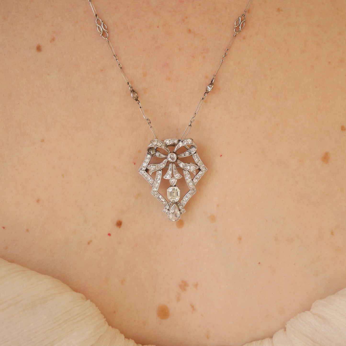 Antique Diamond Bow Pendant Necklace