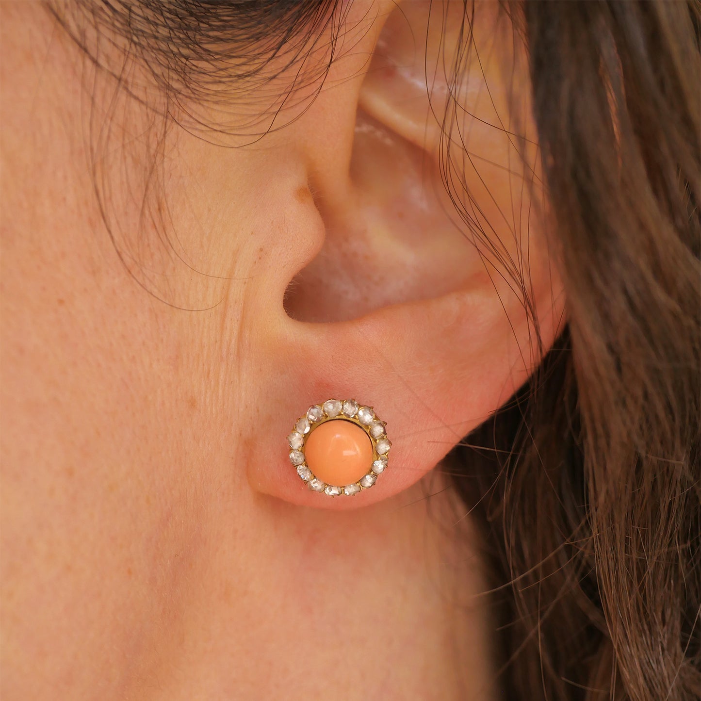 Antique Coral Diamond Halo Earrings