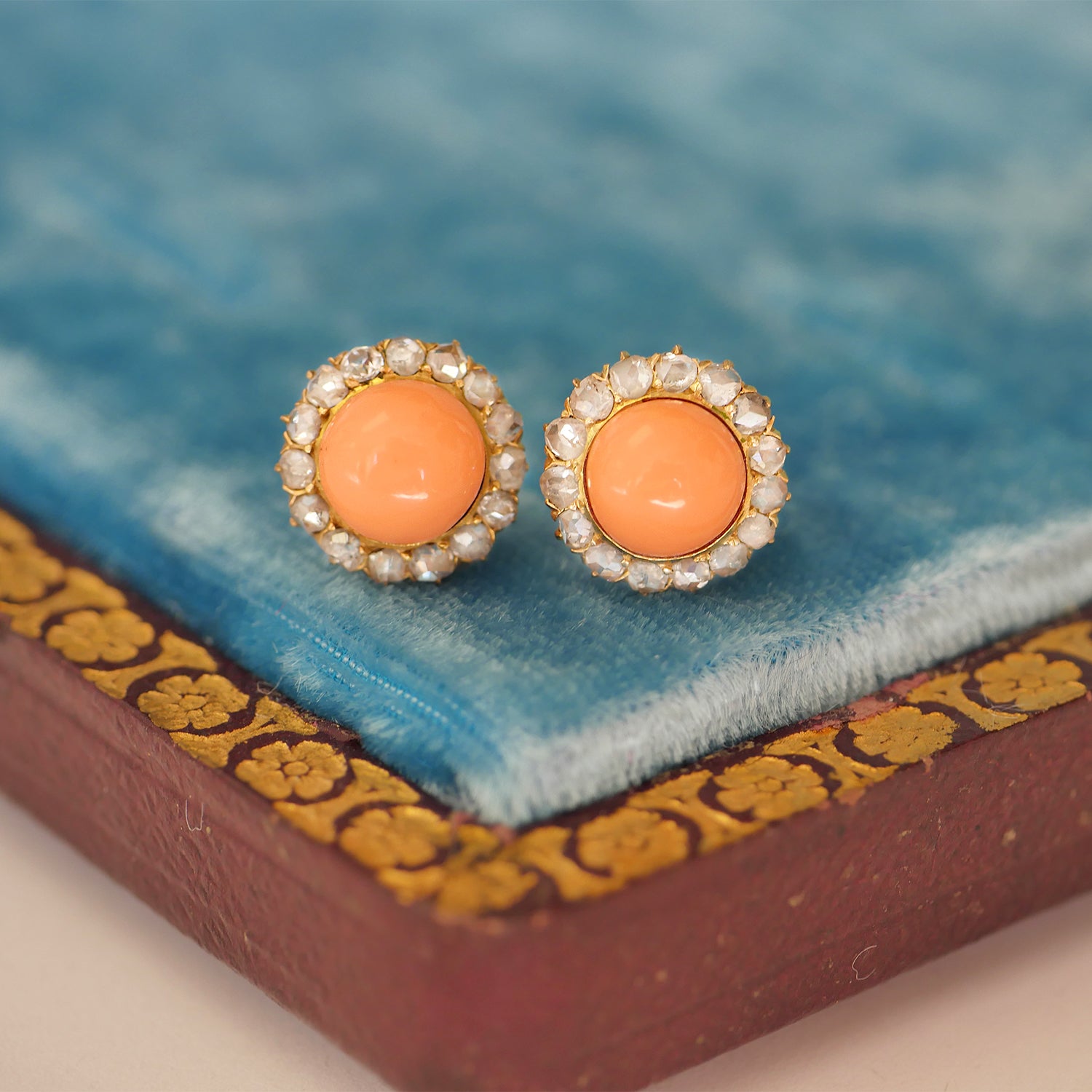Antique Coral Diamond Halo Earrings