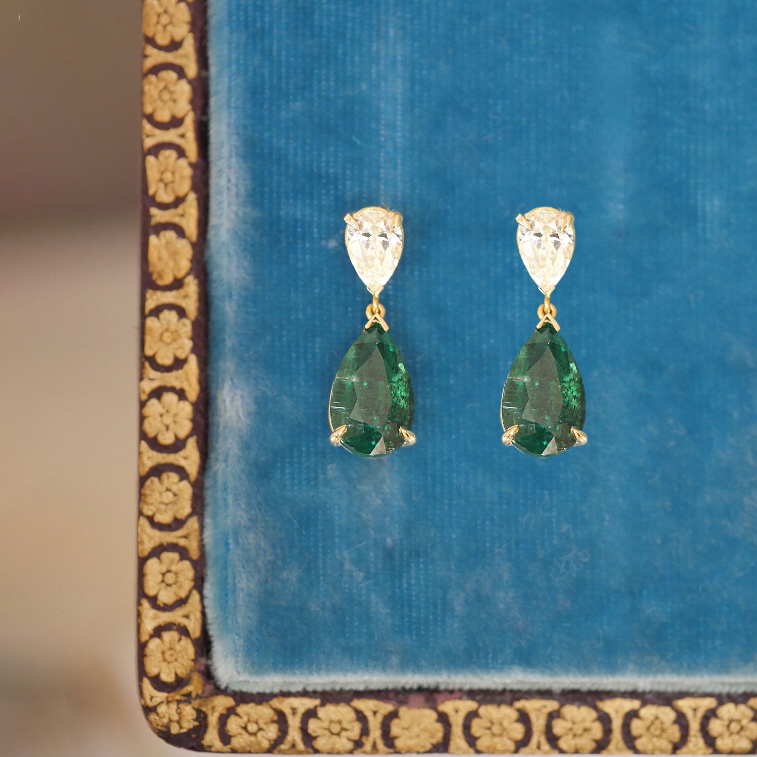 Vintage Diamond Emerald Drop Earrings