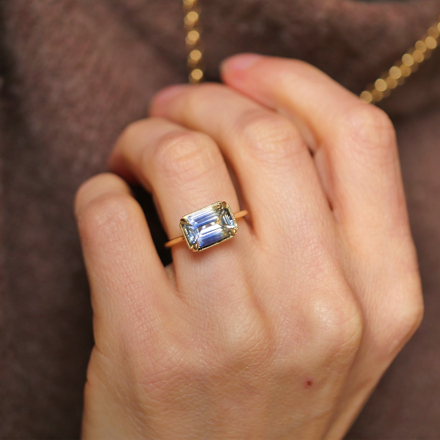 Unique bi color yellow and blue sapphire engagement ring solitaire ring
