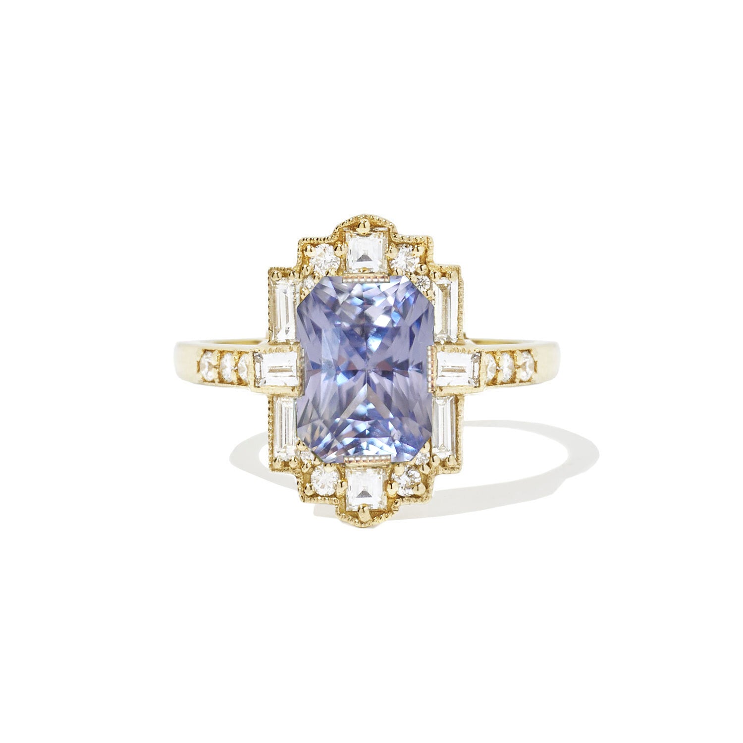 Sky Blue Radiant Sapphire Deco Emerald Cut Diamond Mosaic Ring