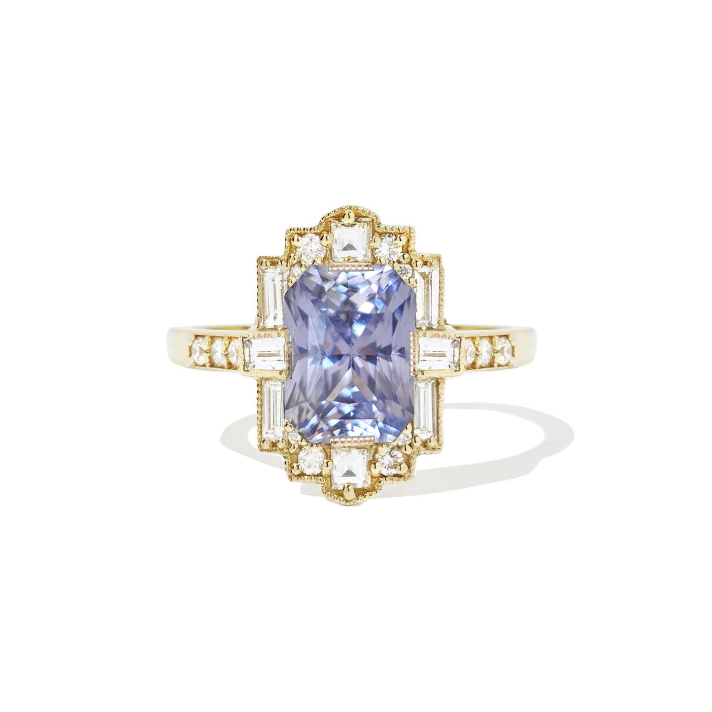 Sky Blue Radiant Sapphire Deco Emerald Cut Diamond Mosaic Ring