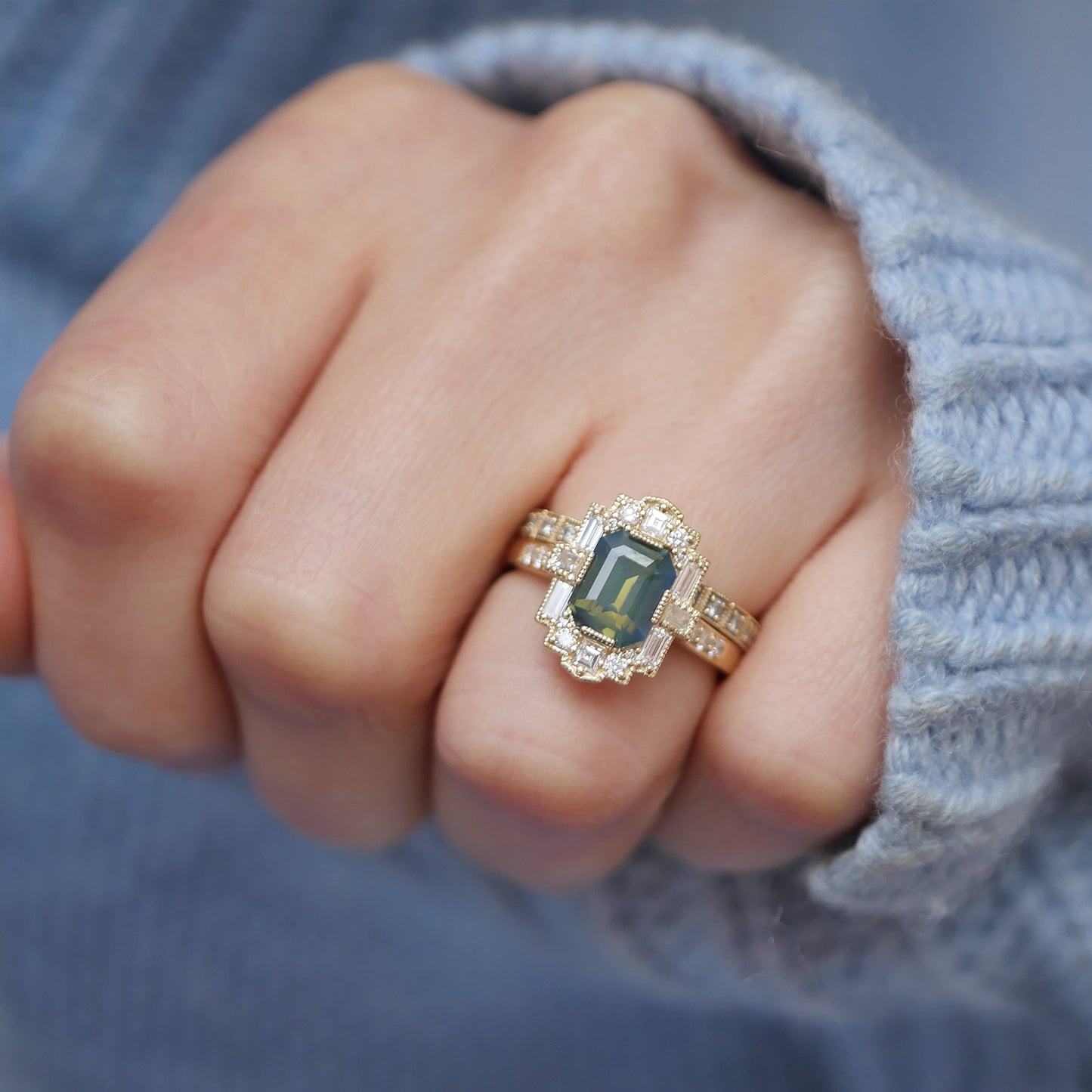 Opalescent Green Bi Color Deco Emerald Cut Diamond Mosaic Ring