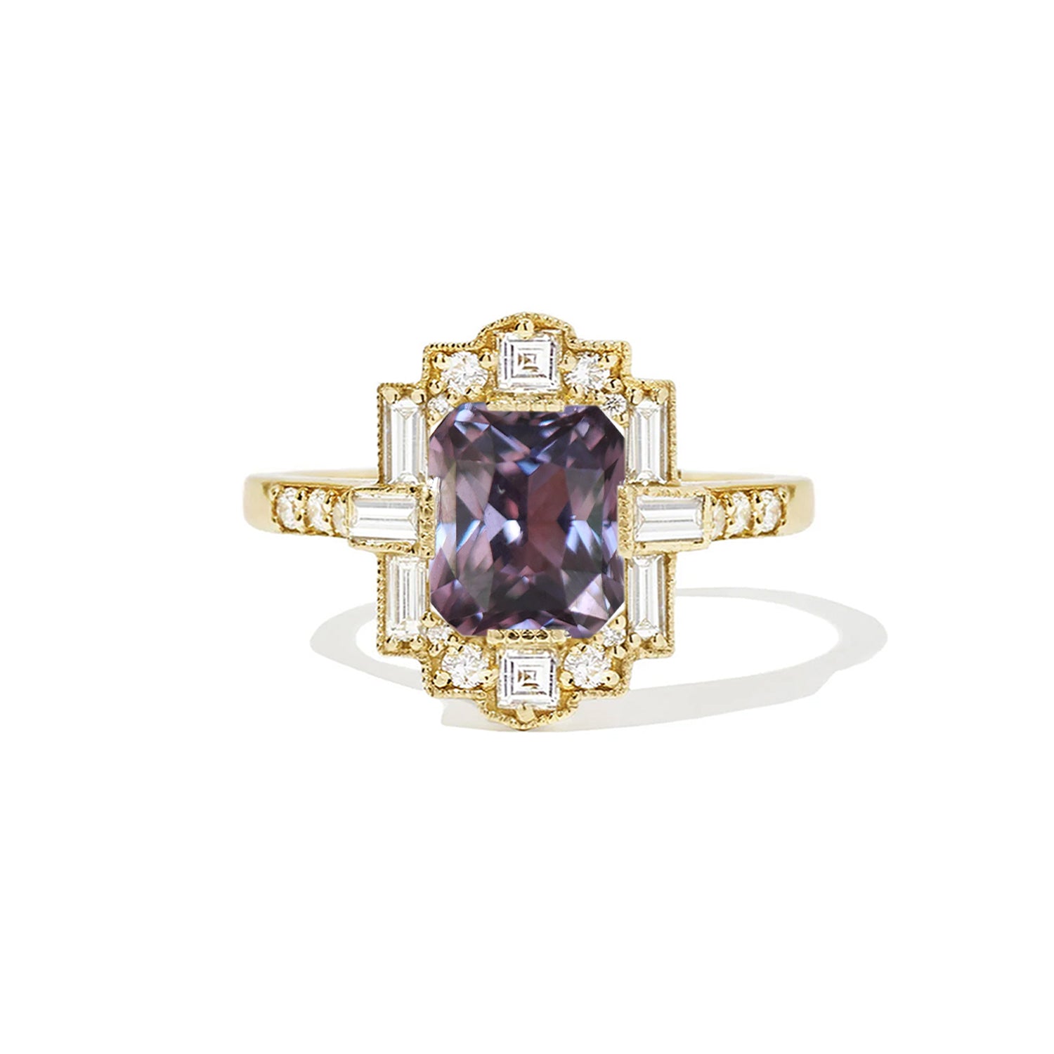 Color Change Purple-Green Sapphire Deco Emerald Cut Diamond Mosaic Ring