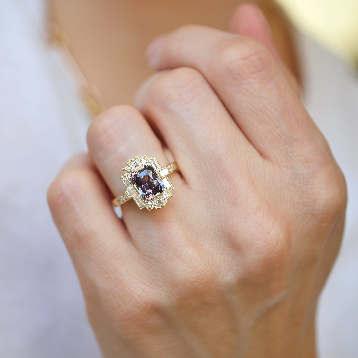 Color Change Purple-Green Sapphire Deco Emerald Cut Diamond Mosaic Ring