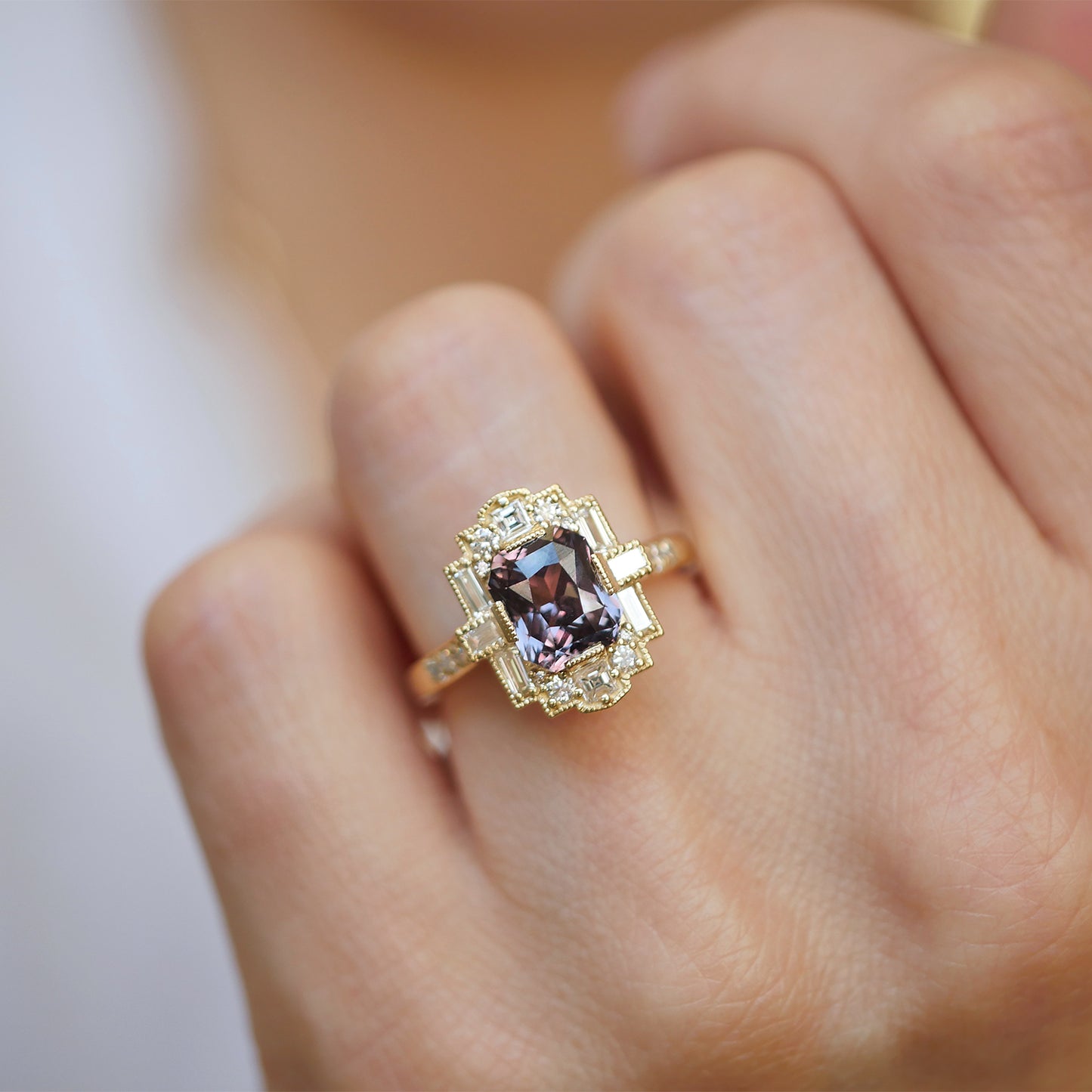 Color Change Purple-Green Sapphire Deco Emerald Cut Diamond Mosaic Ring