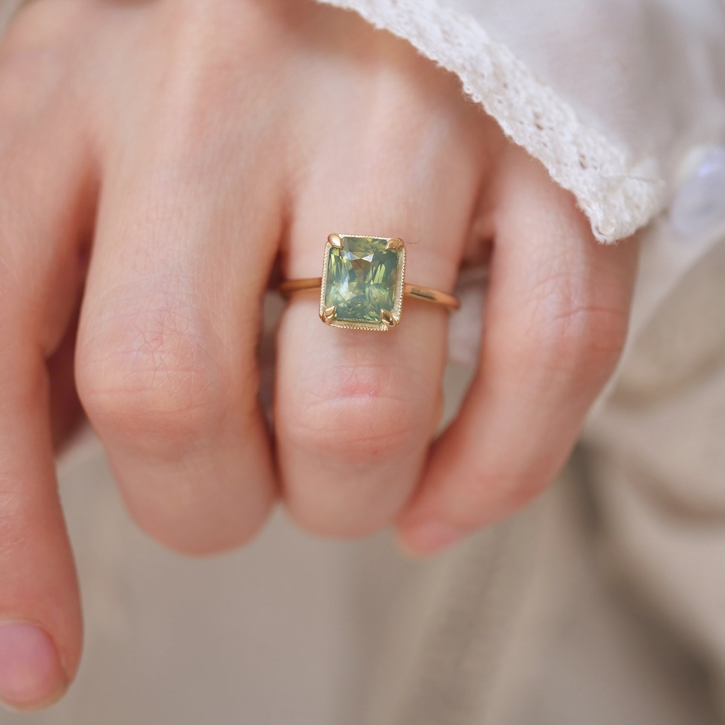 Opalescent Radiant Green Sapphire Solitaire