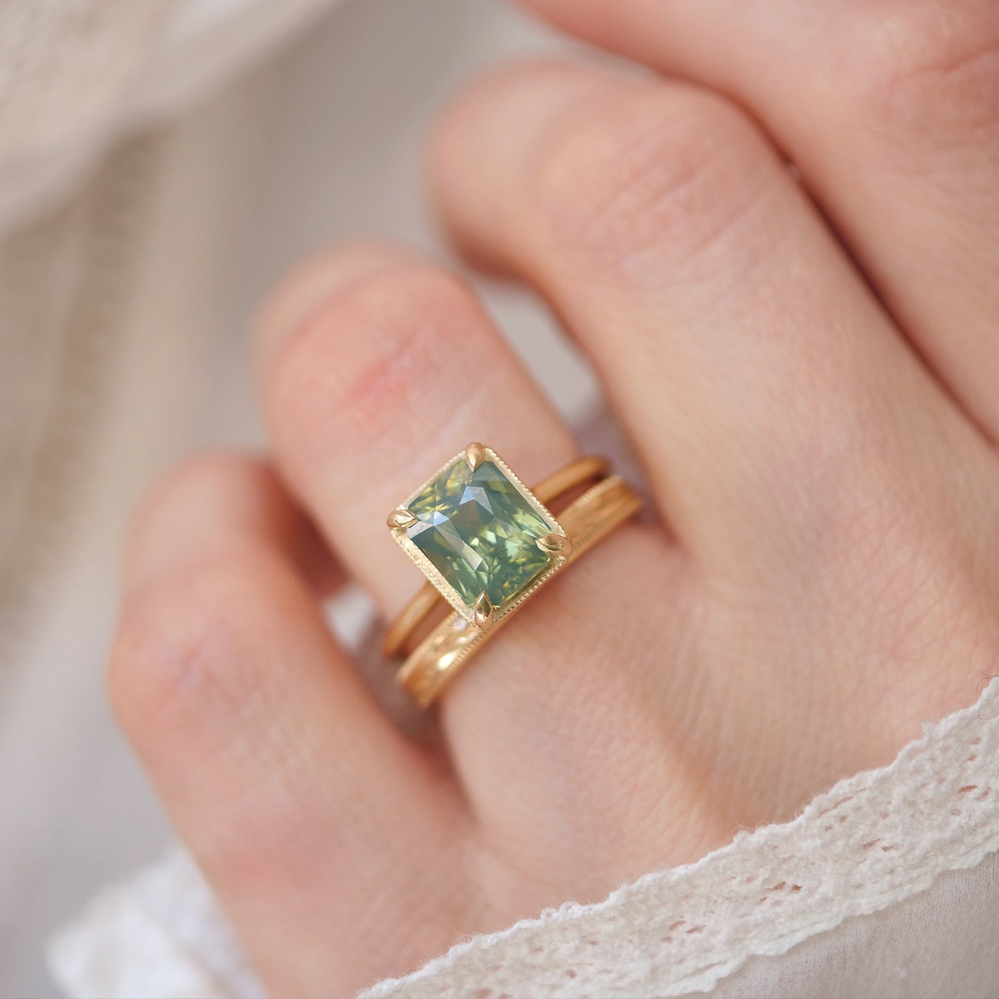 Opalescent Radiant Green Sapphire Solitaire