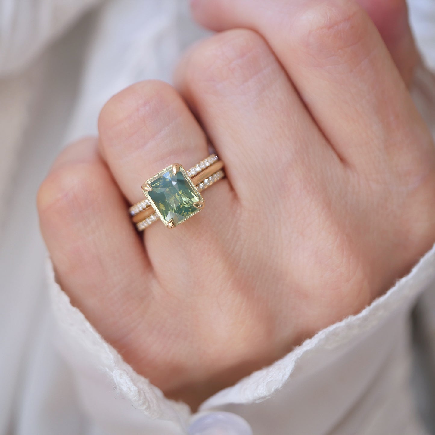 Opalescent Radiant Green Sapphire Solitaire