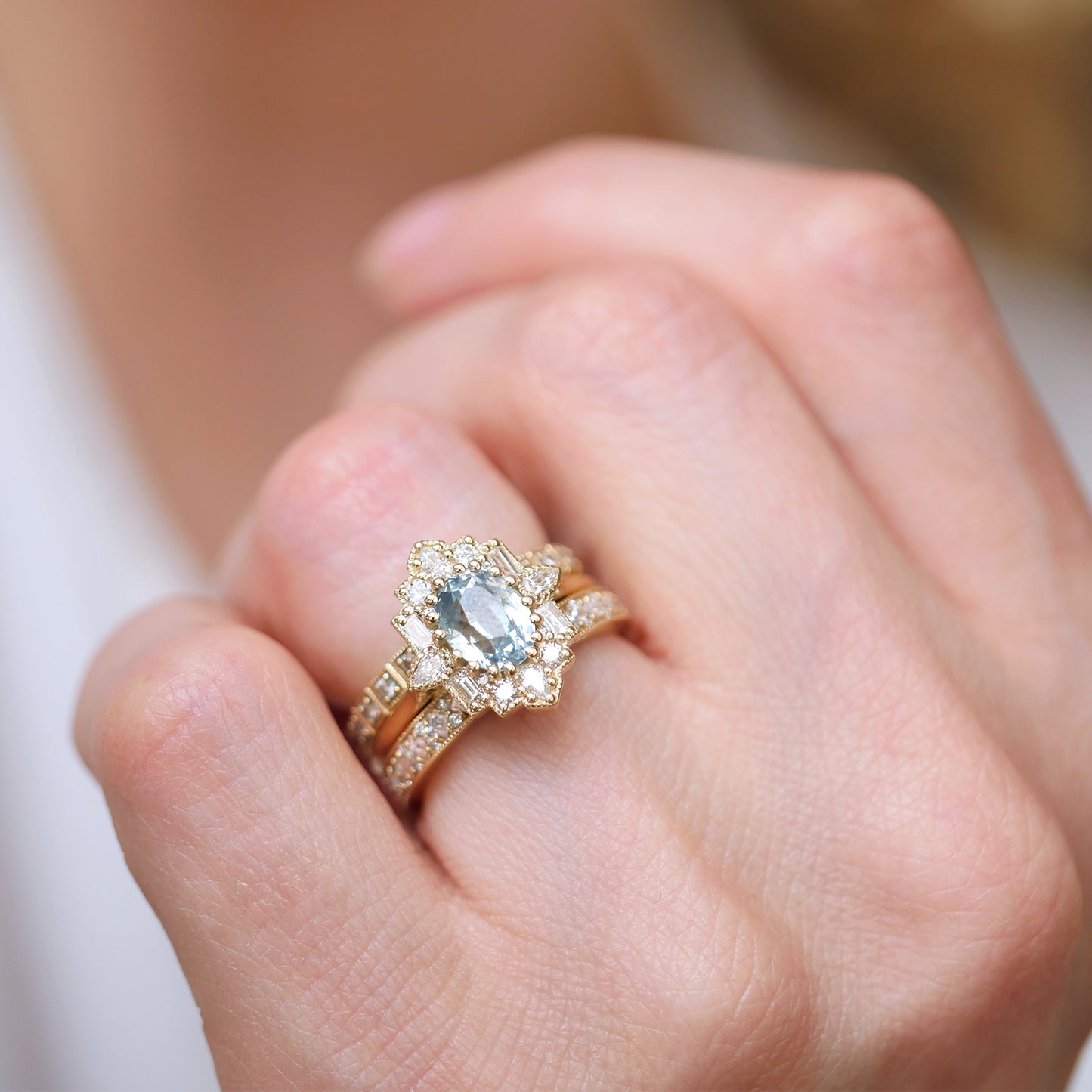 Seafoam Montana Sapphire Deco Emerald & Pear Diamond Mosaic Ring