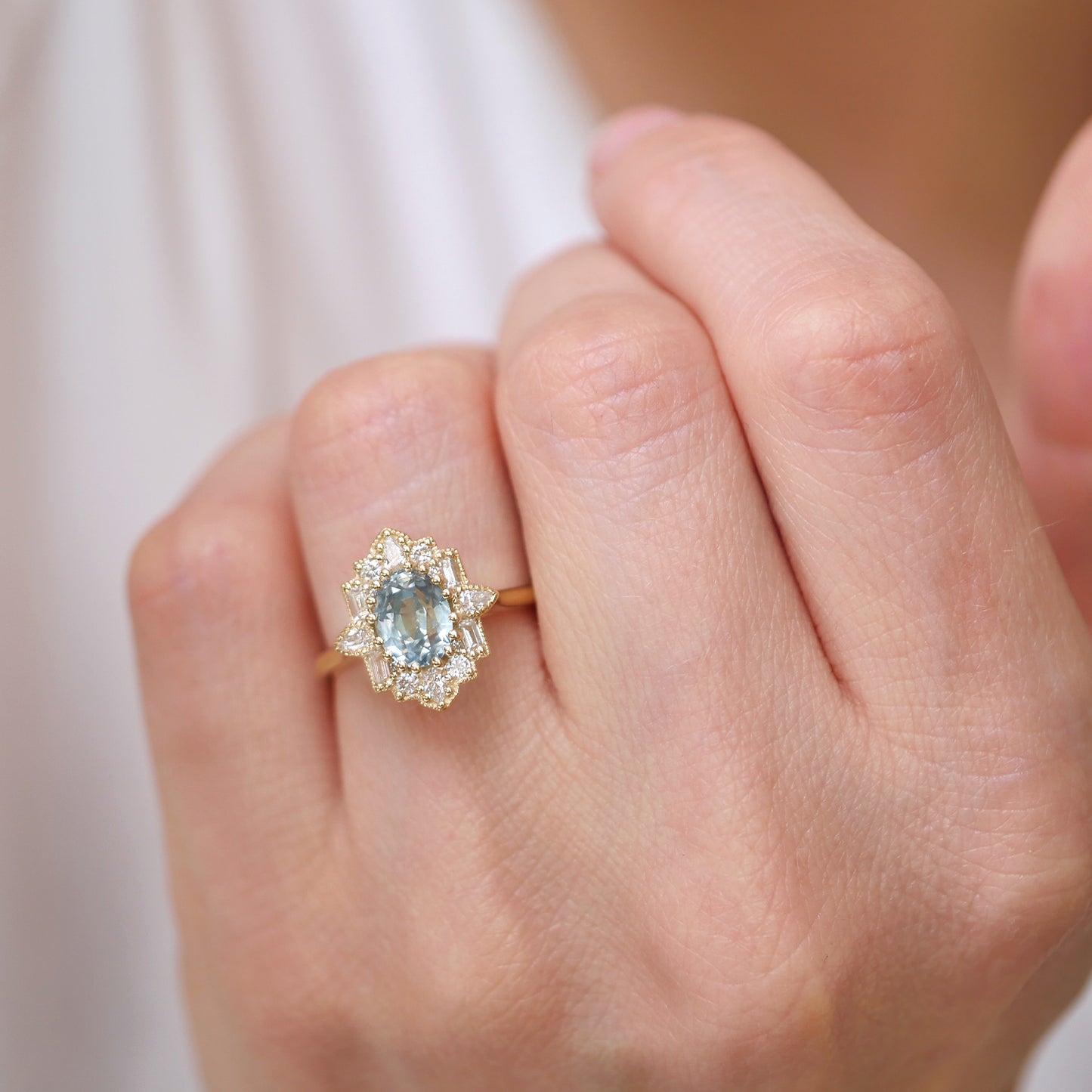 Seafoam Montana Sapphire Deco Emerald & Pear Diamond Mosaic Ring