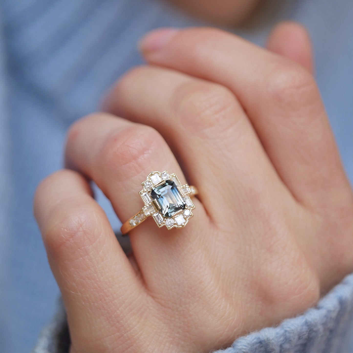 Bi Color Emerald Cut Sapphire Deco Emerald Diamond Mosaic Ring