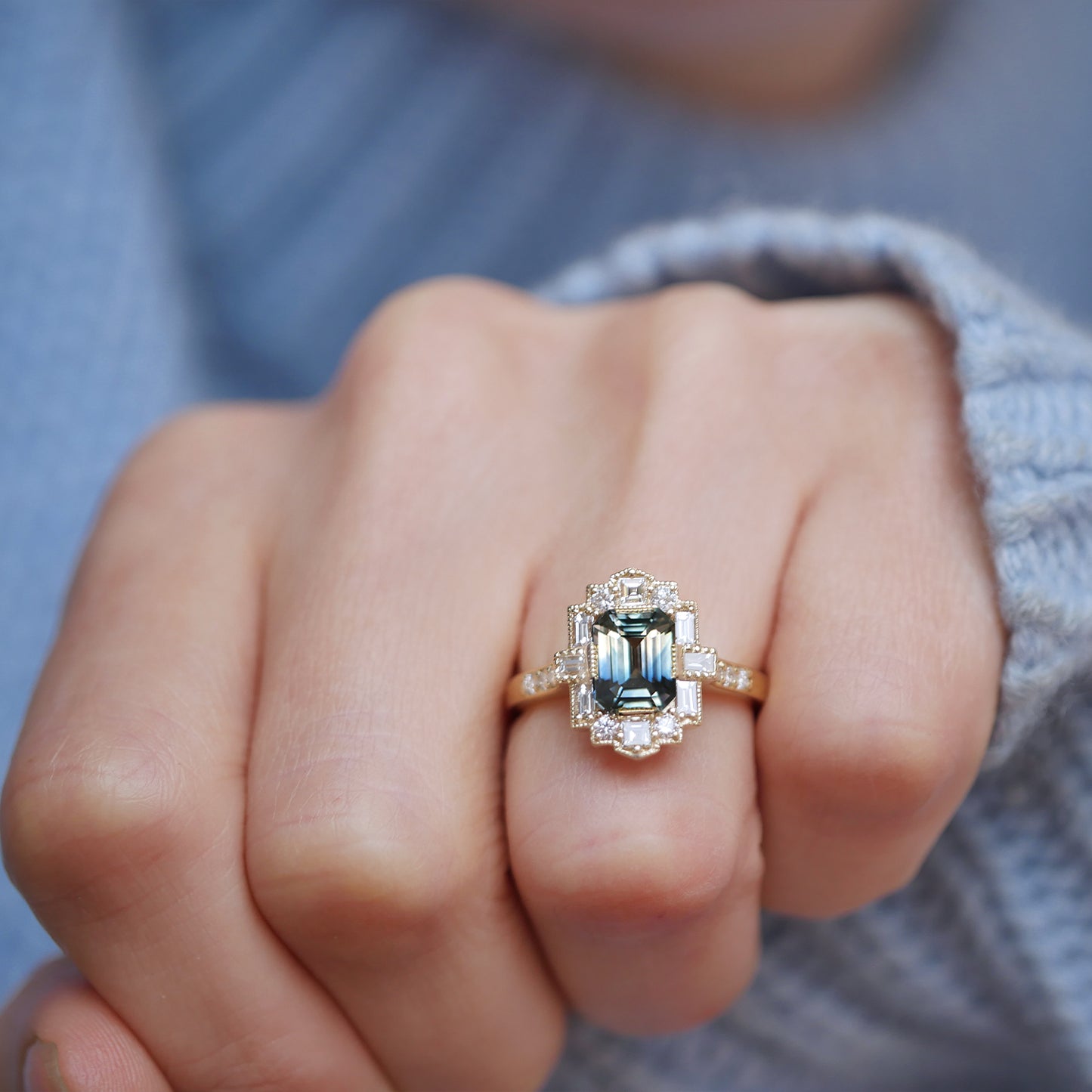 Bi Color Emerald Cut Sapphire Deco Emerald Diamond Mosaic Ring