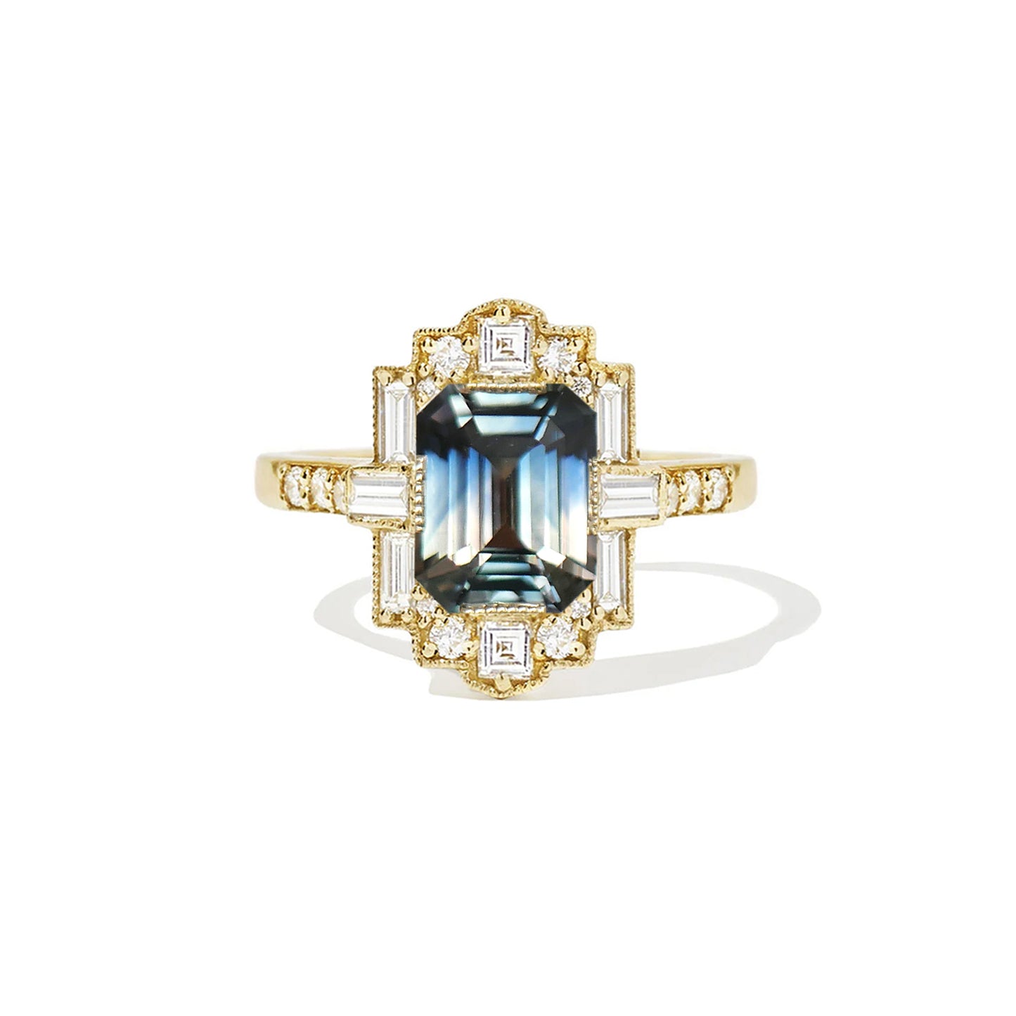 Bi Color Emerald Cut Sapphire Deco Emerald Diamond Mosaic Ring