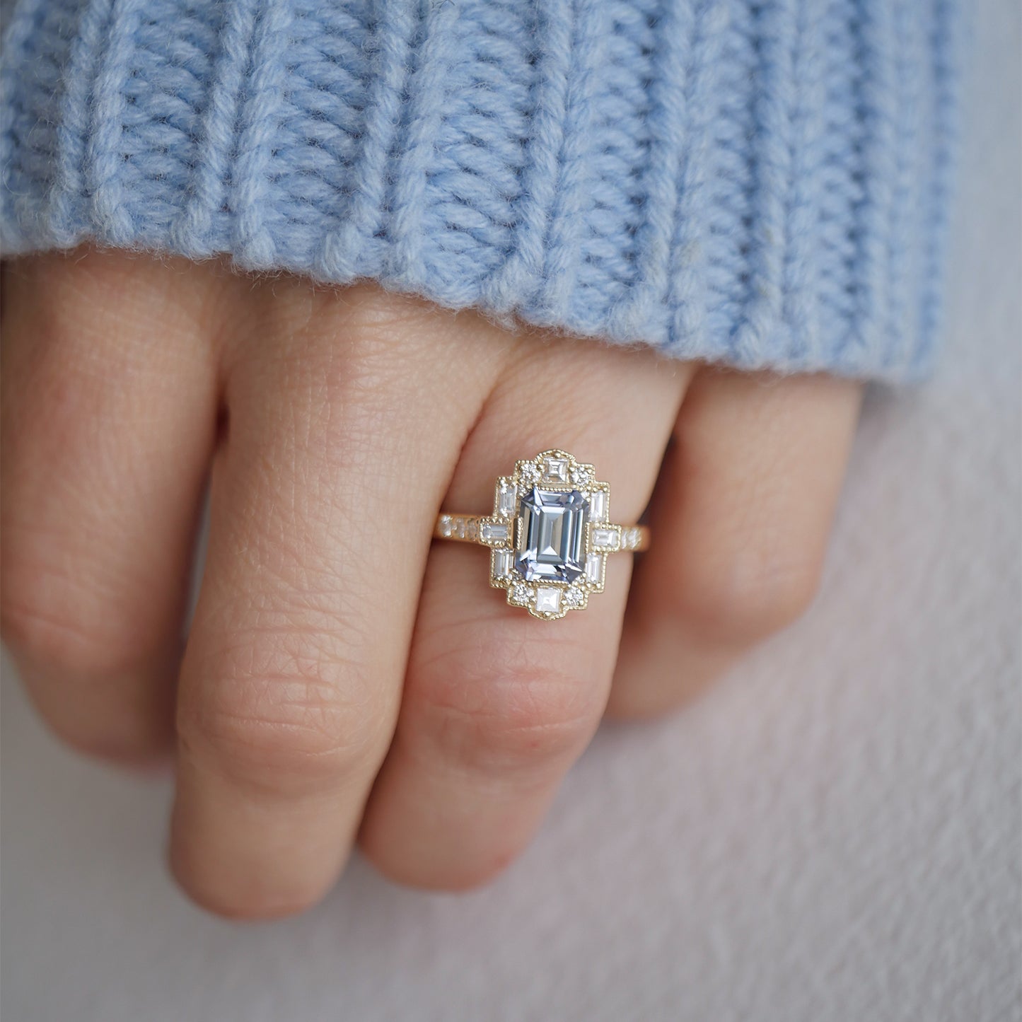 Light Blue Sapphire Deco Emerald Cut Diamond Mosaic Ring