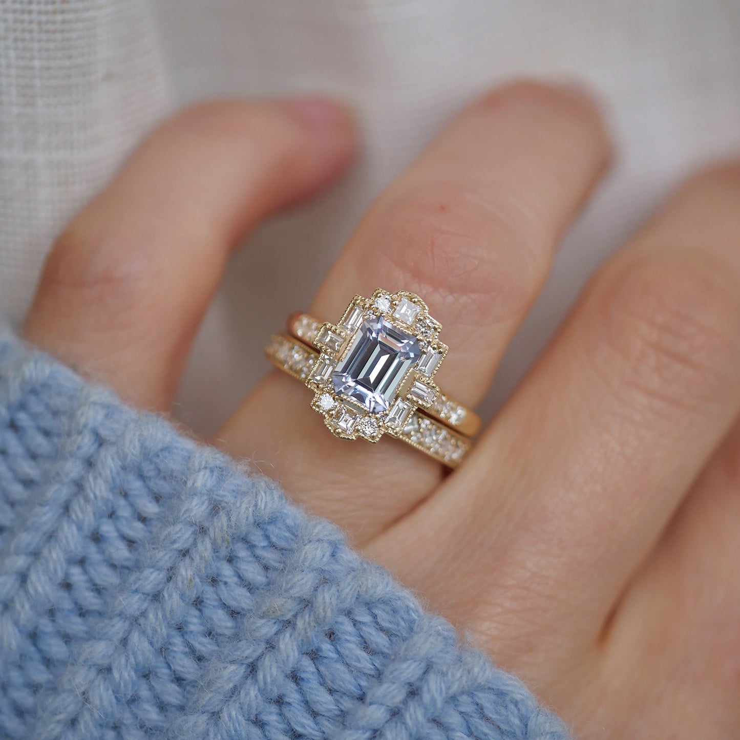 Light Blue Sapphire Deco Emerald Cut Diamond Mosaic Ring