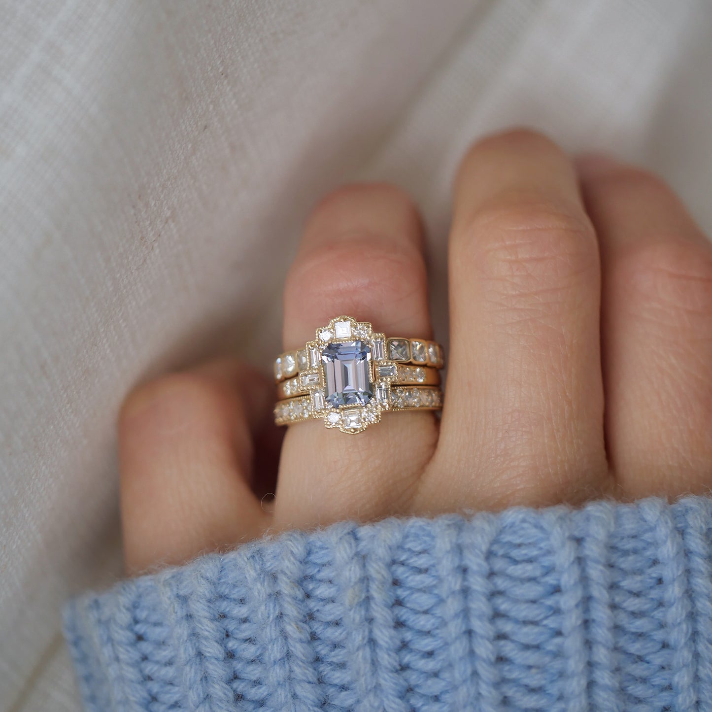 Light Blue Sapphire Deco Emerald Cut Diamond Mosaic Ring