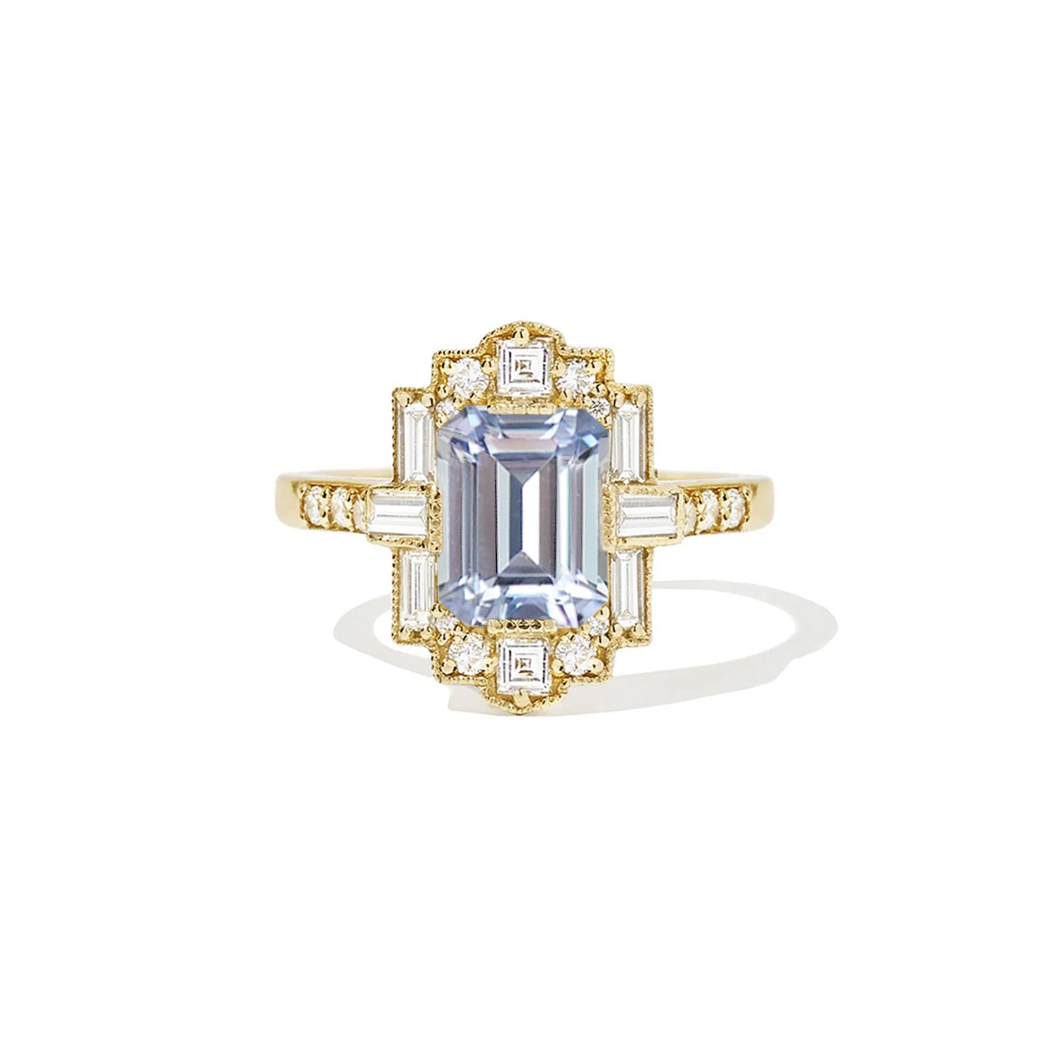 Light Blue Sapphire Deco Emerald Cut Diamond Mosaic Ring