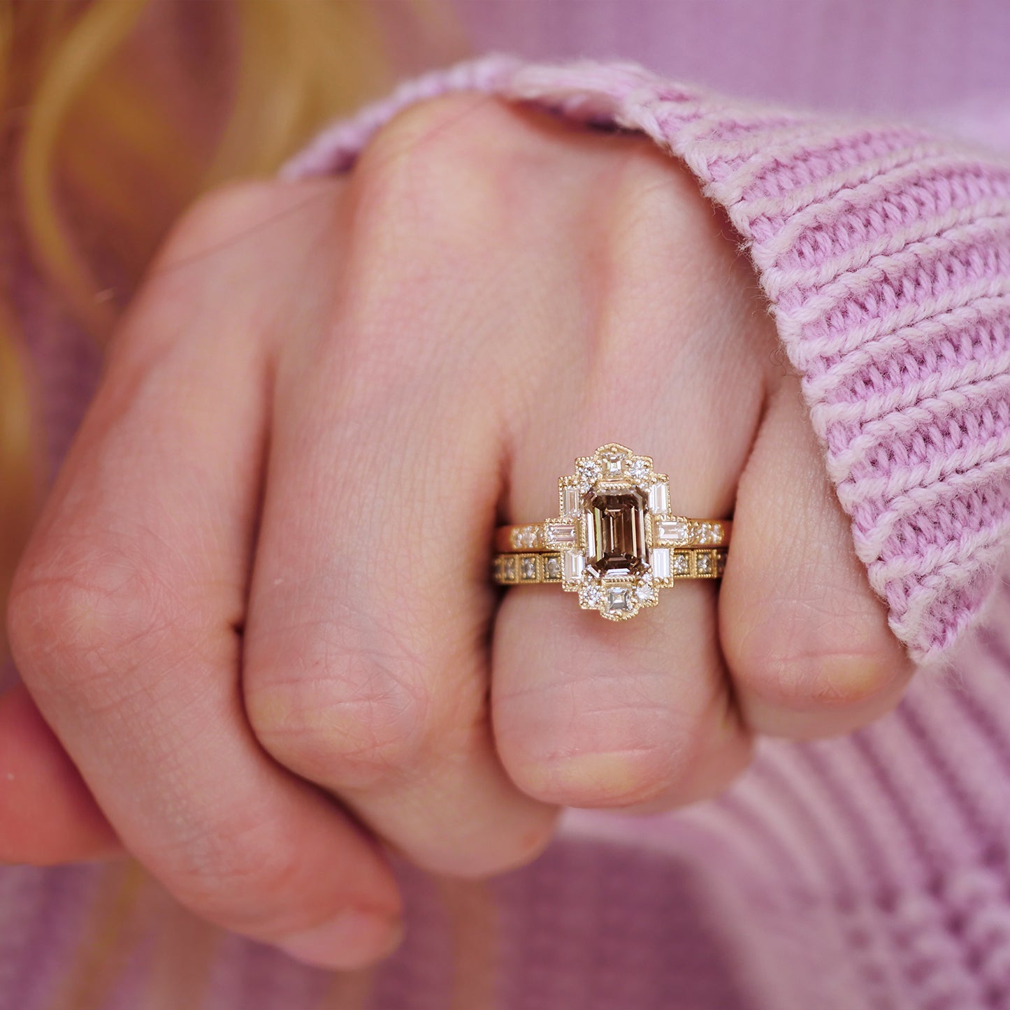 Deco Emerald Cut Champagne Diamond Mosaic Ring