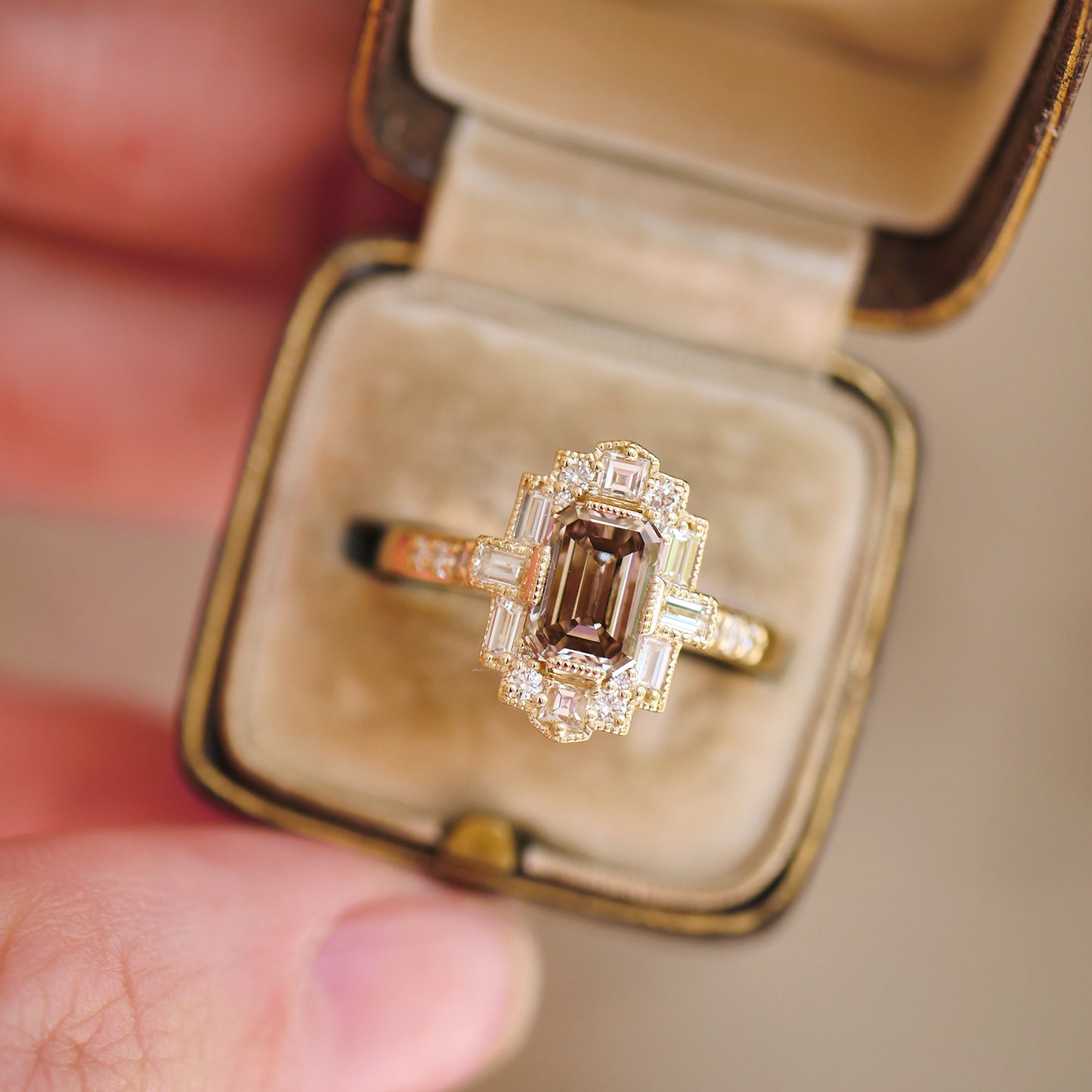 Deco Emerald Cut Champagne Diamond Mosaic Ring