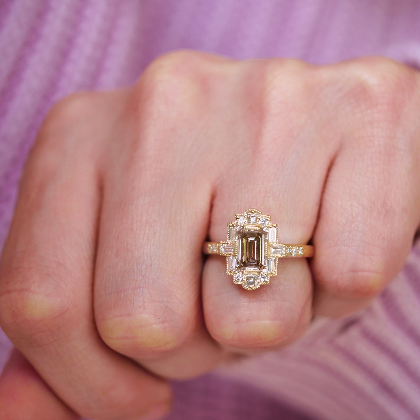 Deco Emerald Cut Champagne Diamond Mosaic Ring