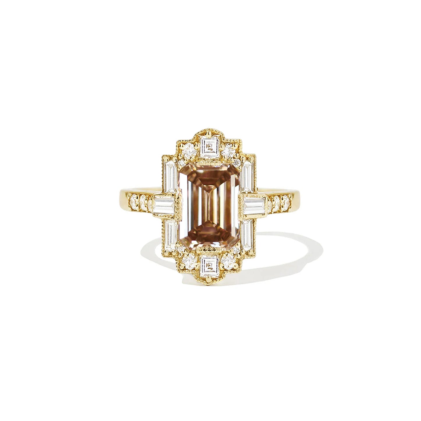 Deco Emerald Cut Champagne Diamond Mosaic Ring