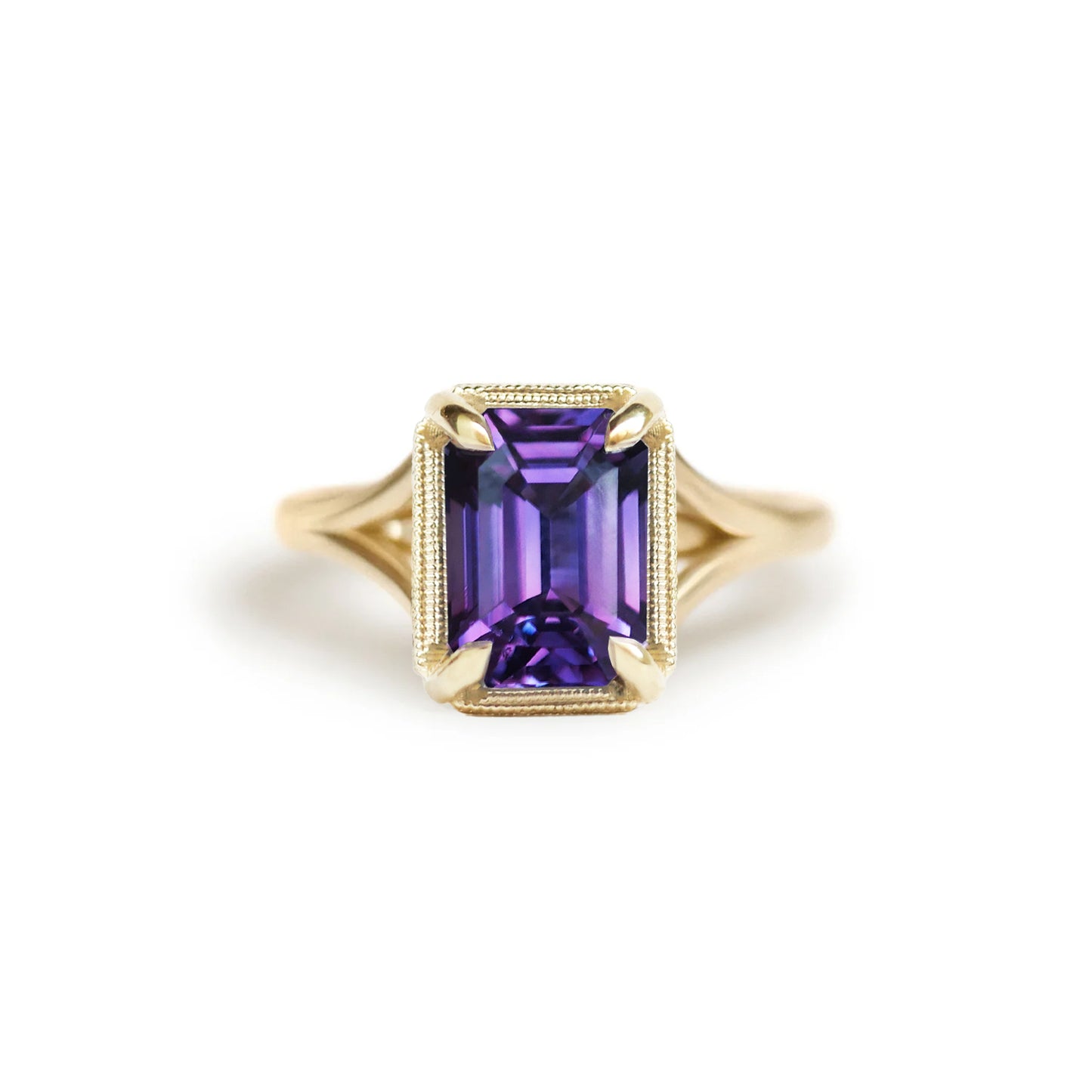 Split Shank Purple Emerald Cut Sapphire Solitaire