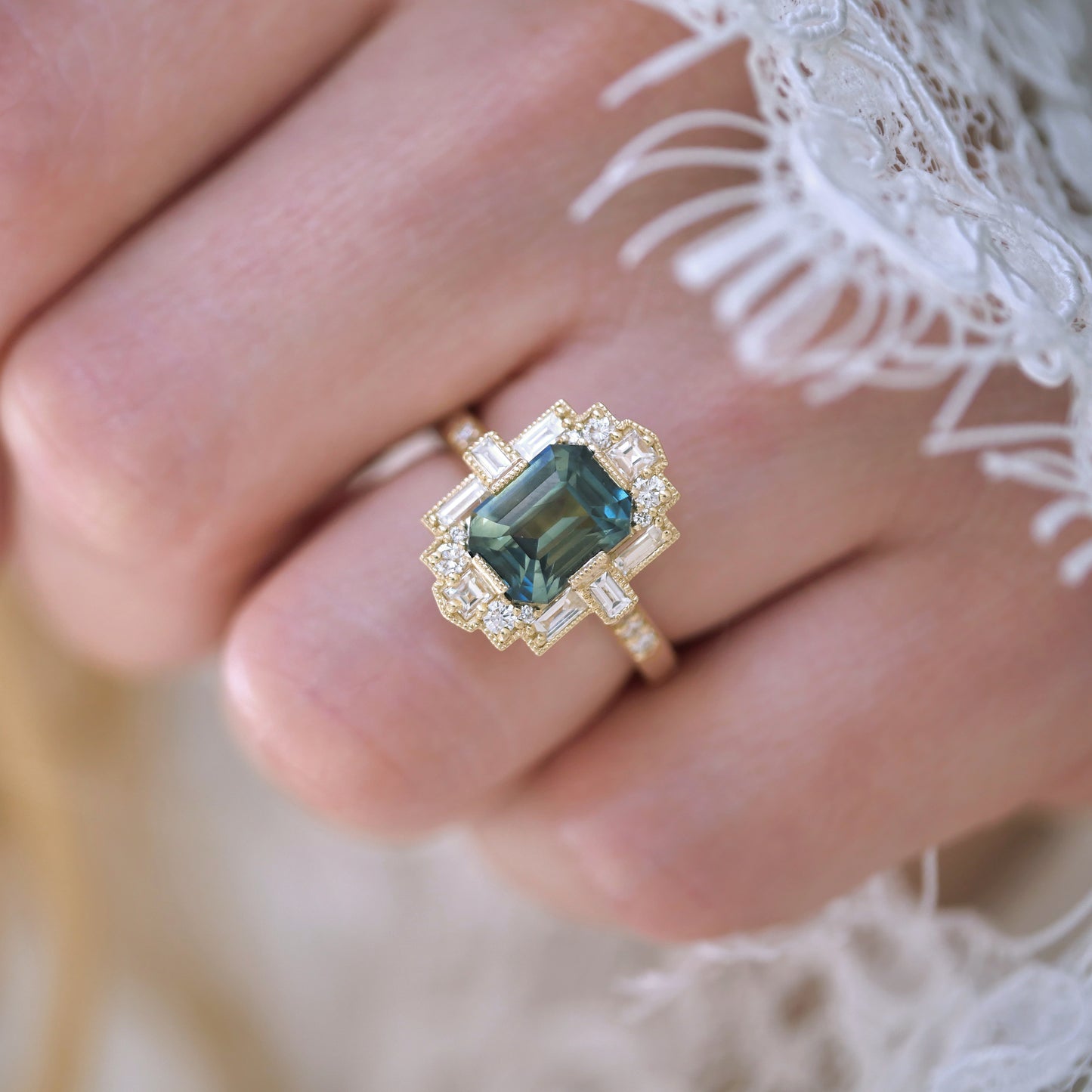 Teal Sapphire Emerald Cut Diamond Mosaic Ring