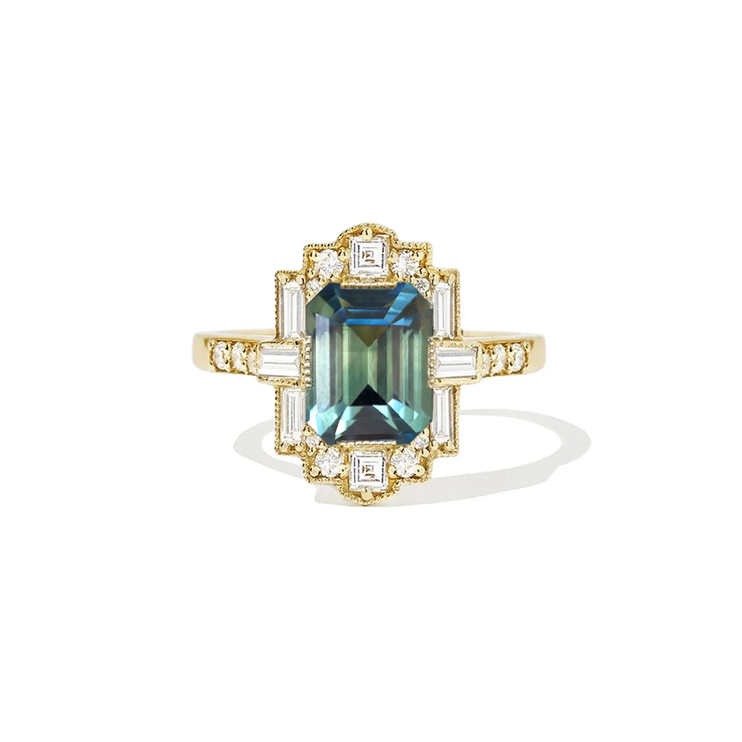 Teal Sapphire Emerald Cut Diamond Mosaic Ring