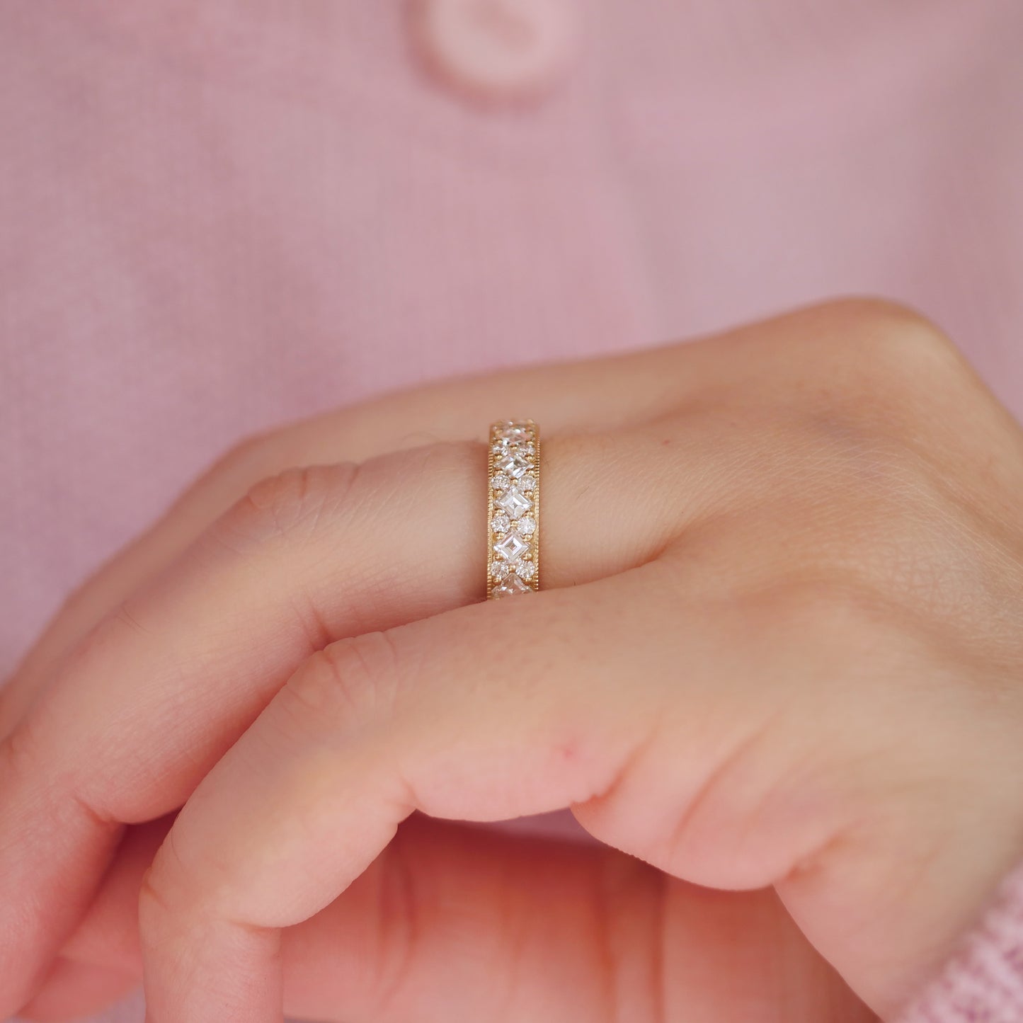 Custom 4mm Carré & Round Milgrain Diamond Mosaic Ring