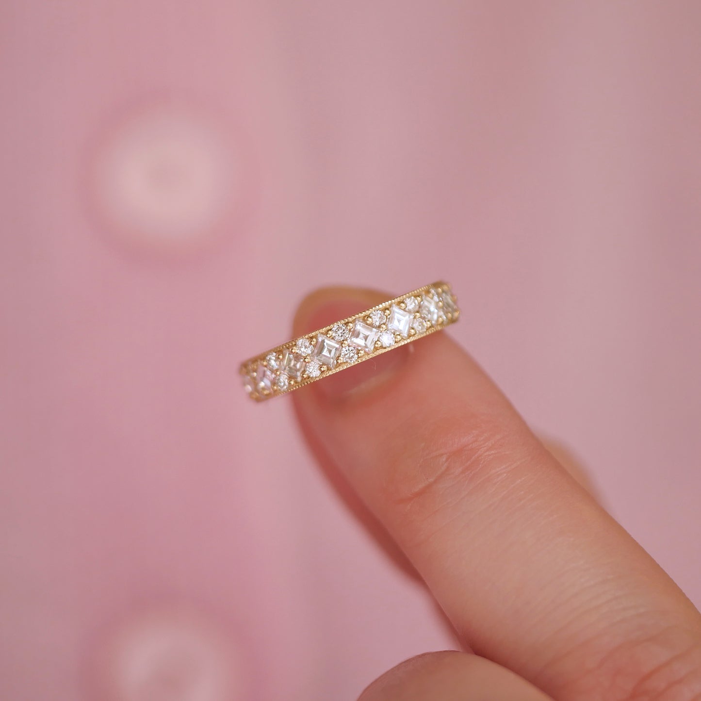 Custom 4mm Carré & Round Milgrain Diamond Mosaic Ring