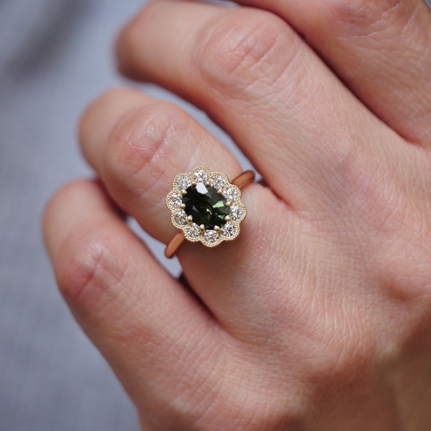 Custom Green Sapphire Halo Engagement Ring