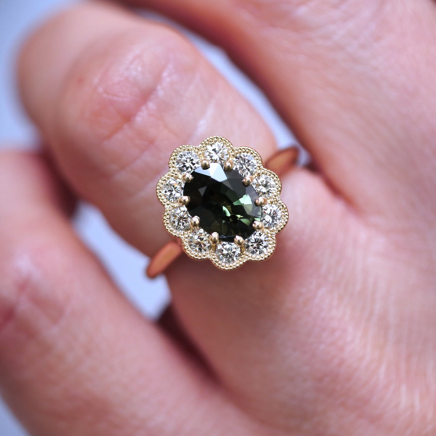 Custom Green Sapphire Halo Engagement Ring
