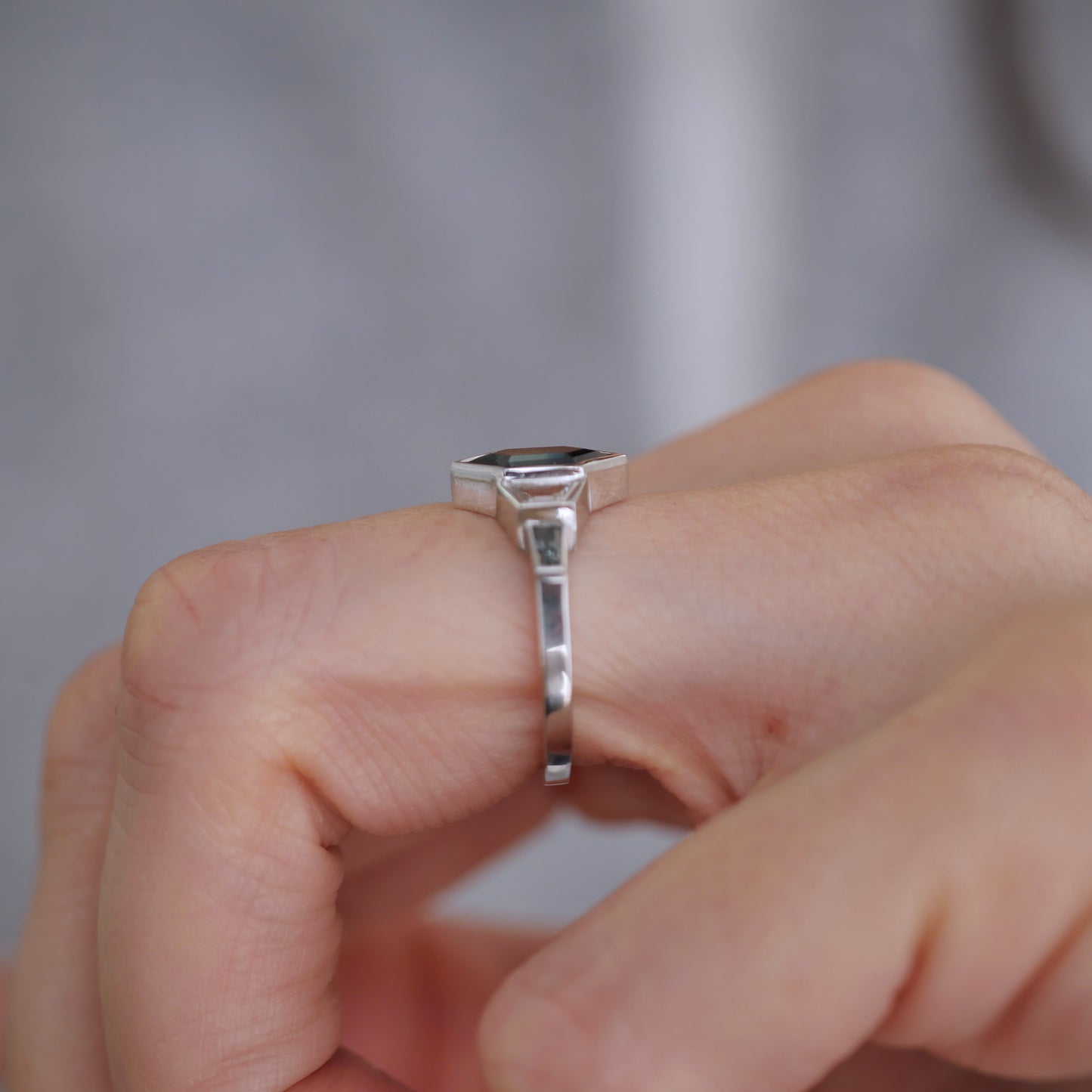 Custom Hexagon Teal Sapphire and Tapered Baguette Diamond Ring