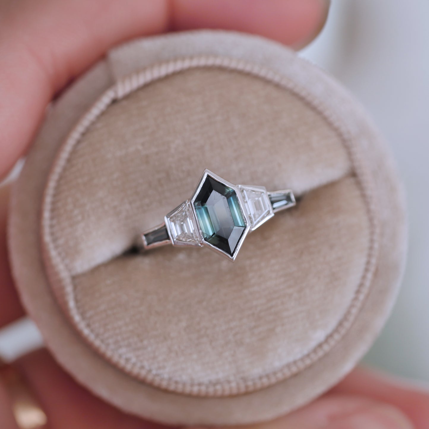 Custom Hexagon Teal Sapphire and Tapered Baguette Diamond Ring