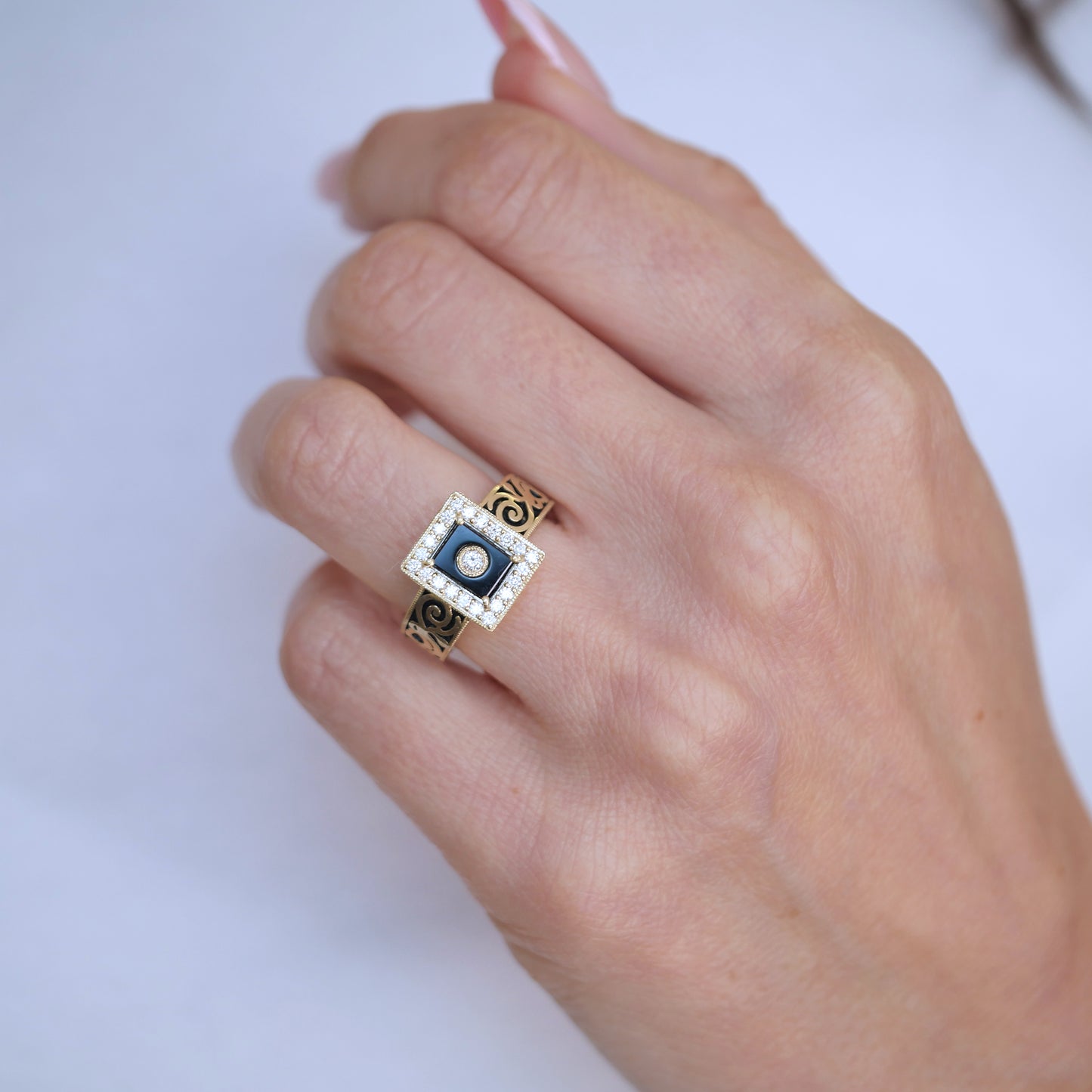 Custom Onyx and Diamond Filigree Engagement Ring