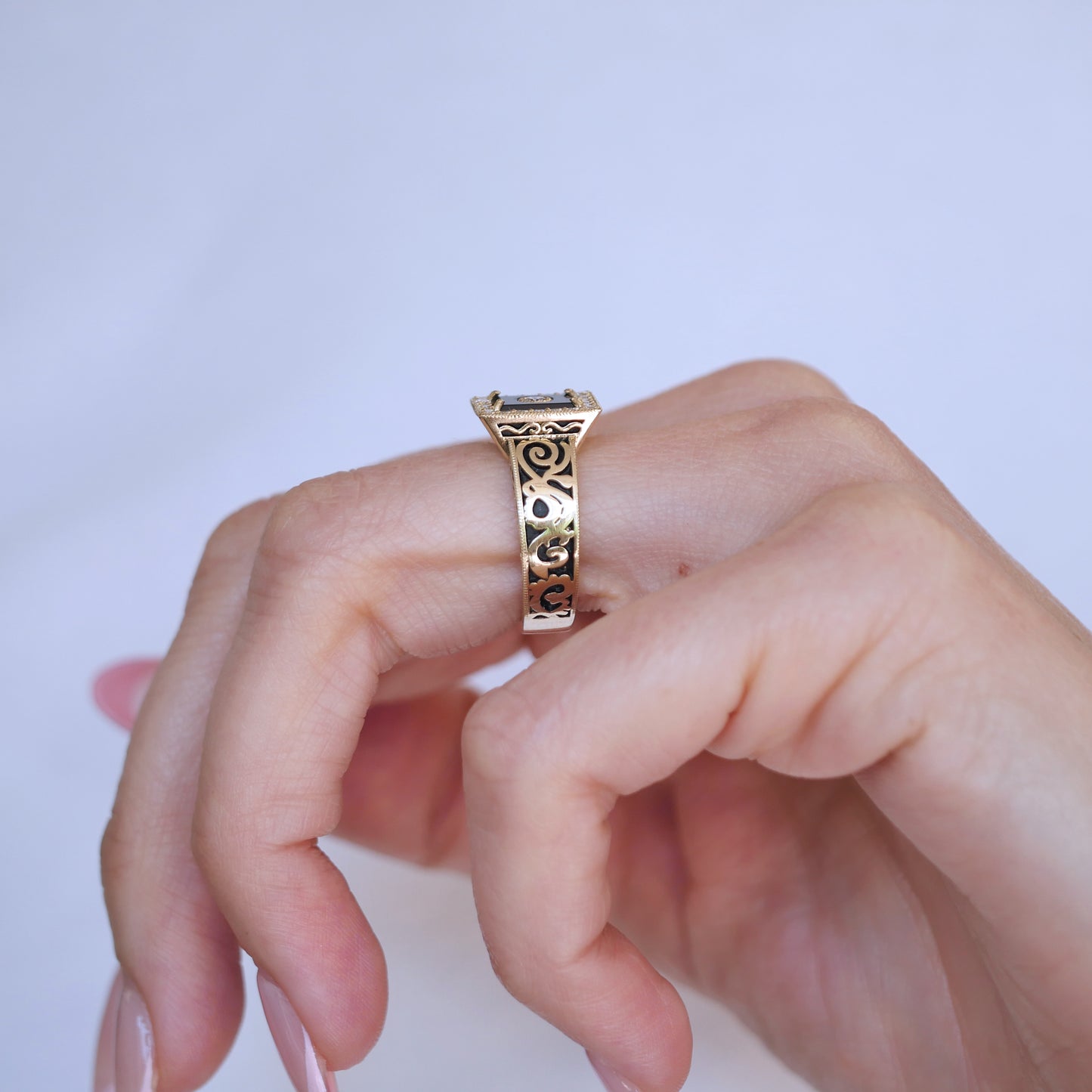 Custom Onyx and Diamond Filigree Engagement Ring