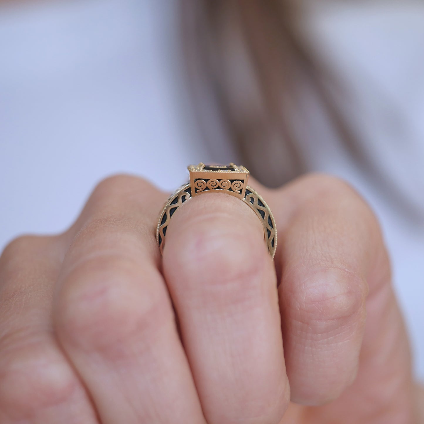 Custom Onyx and Diamond Filigree Engagement Ring