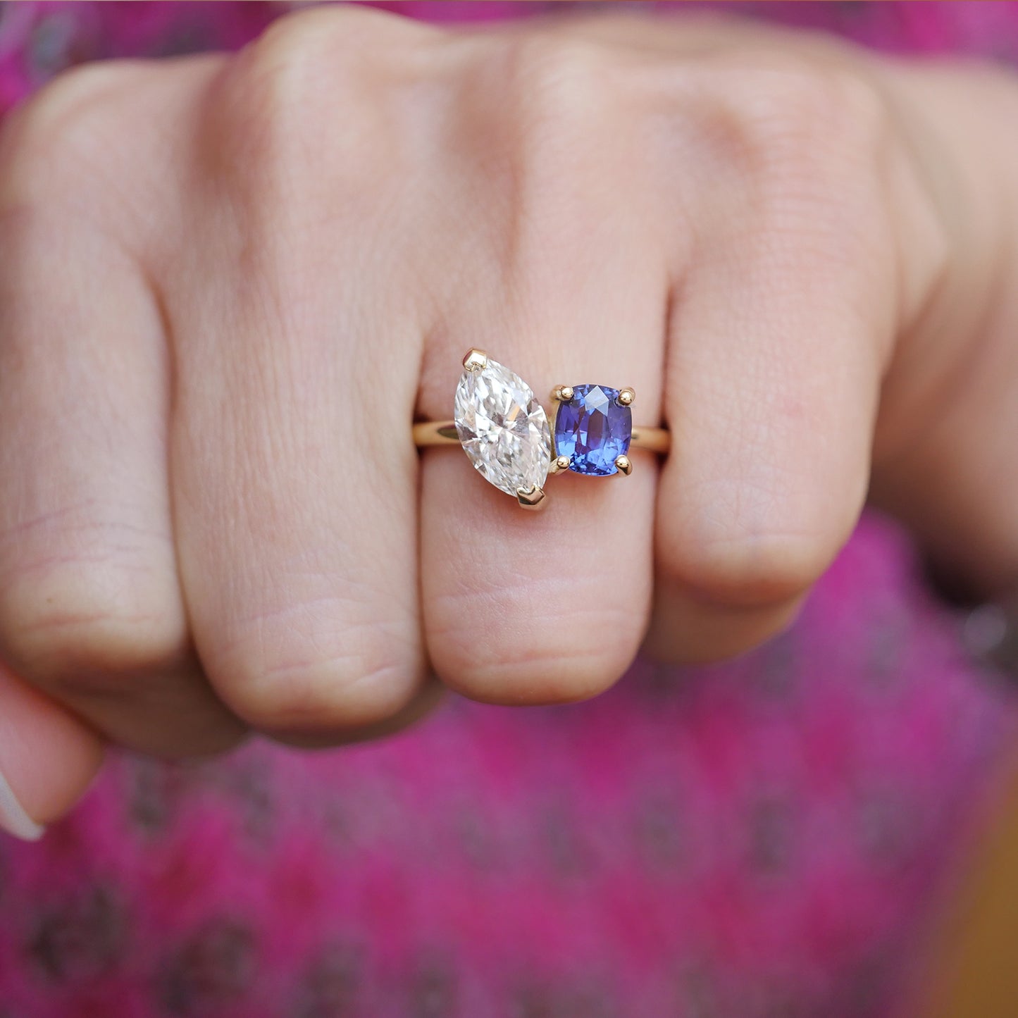 Custom Marquise Diamond and Sapphire Toi et Moi