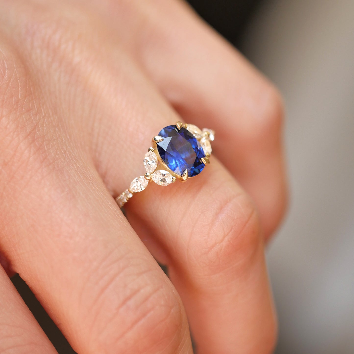 Custom Blue Sapphire Oval Marquise & Round Ring w/ Pave Band