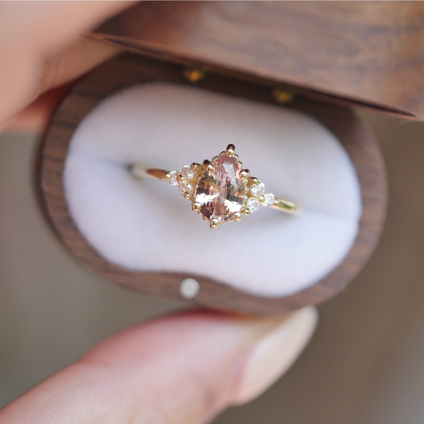 vintage rings box with 14k yellow gold pear sapphire and round diamond fine jewelry ring